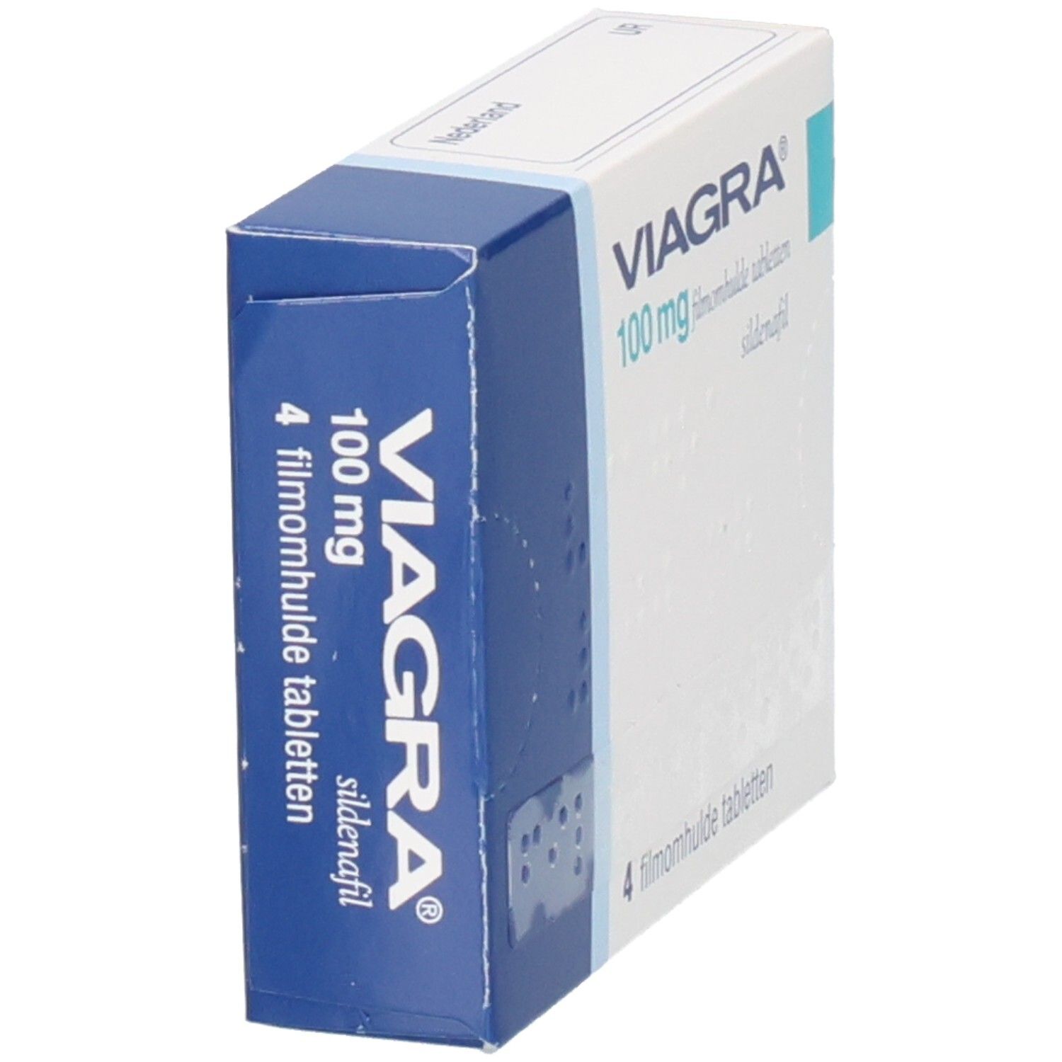 Schachtel VIAGRA 100 mg Filmtabletten. Blaue und weiße Verpackung. Enthält 4 Tabletten. Text in Deutsch und Niederländisch.