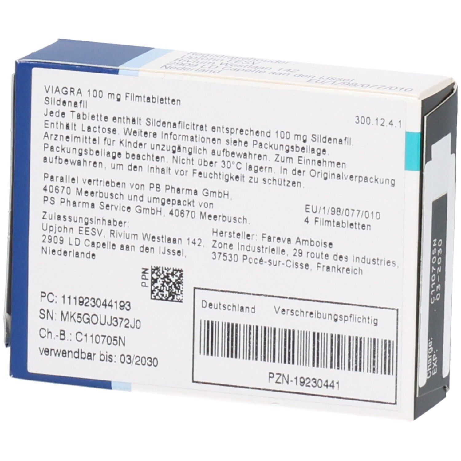 Rückseite der VIAGRA 100 mg Filmtabletten-Verpackung. Enthält Informationen in Deutsch. Barcode und Chargennummer sichtbar.