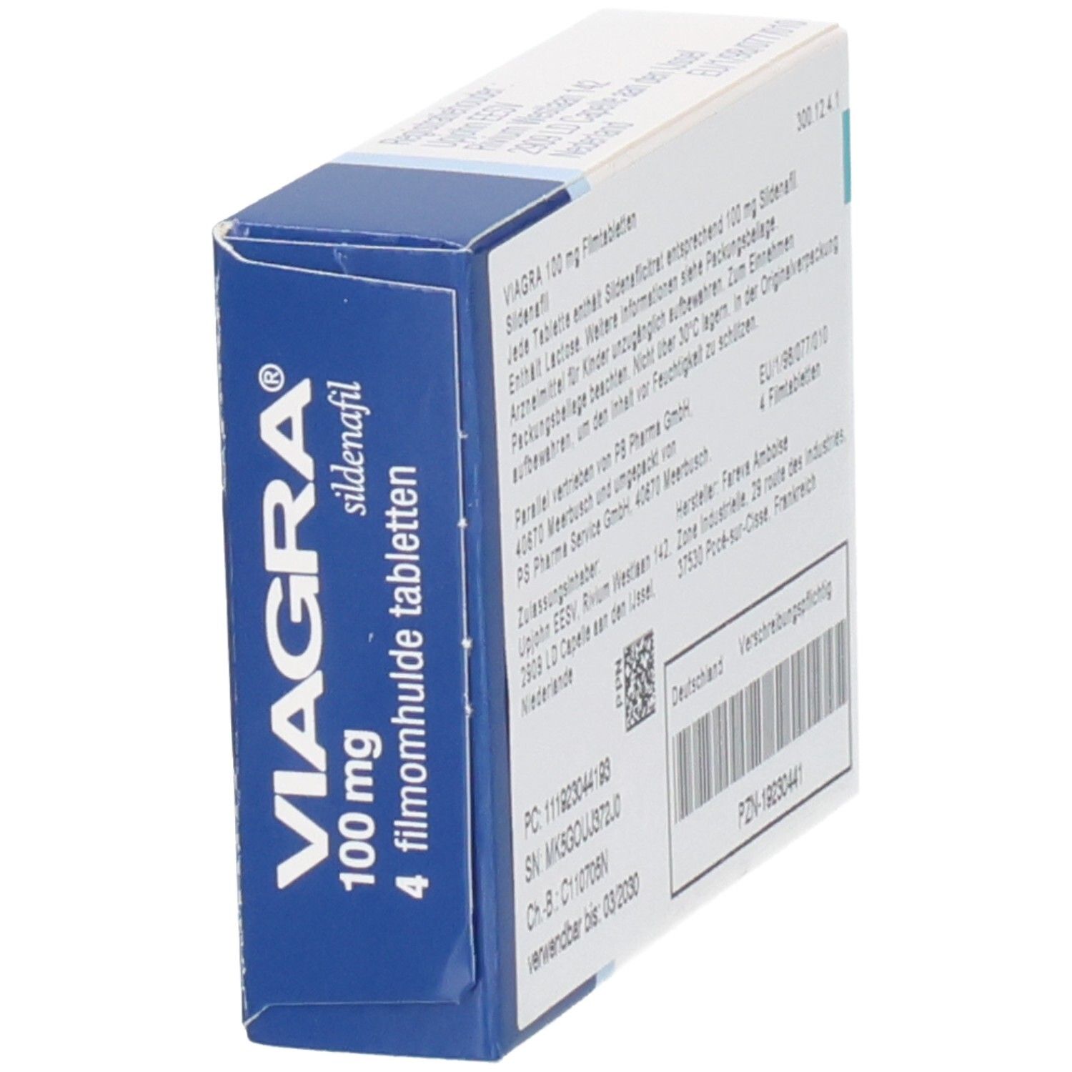 Schachtel VIAGRA 100 mg Filmtabletten. Blaue und weiße Verpackung. Enthält 4 Tabletten. Text in Deutsch und Niederländisch.