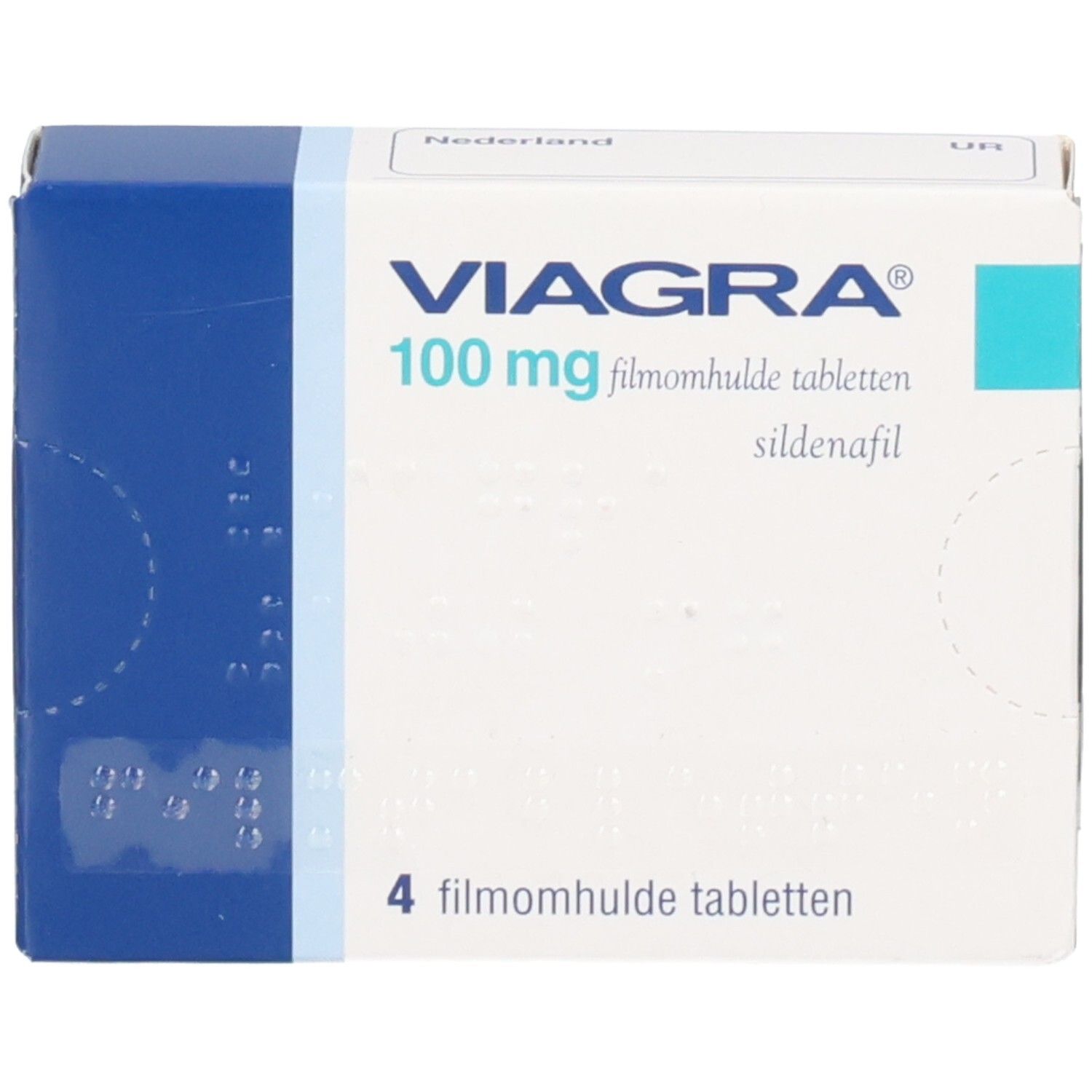 Schachtel mit VIAGRA 100 mg Filmtabletten. Blaue und weiße Verpackung. Enthält 4 Tabletten. Text in Deutsch und Niederländisch.