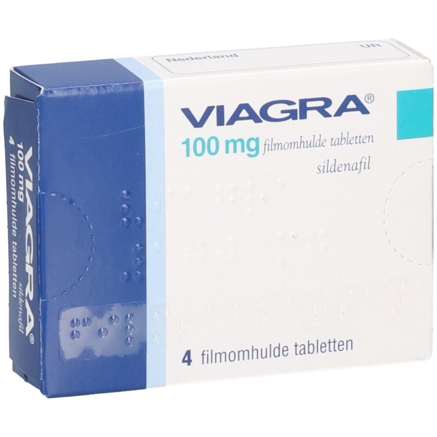 Schachtel mit VIAGRA 100 mg Filmtabletten. Blaue und weiße Verpackung. Enthält 4 Tabletten. Text in Deutsch und Niederländisch.