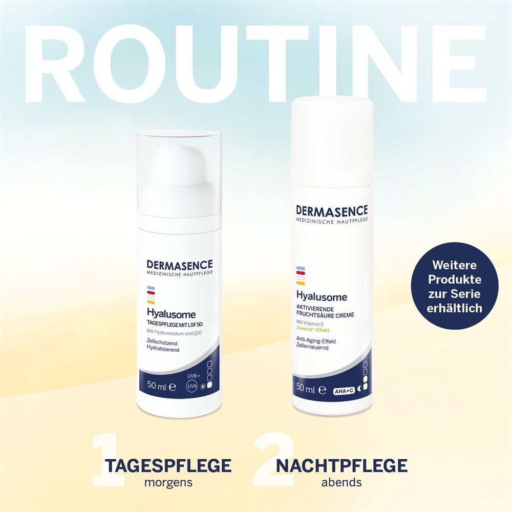 Zwei Dermasence Hyalusome Cremetiegel: Tagespflege mit LSF 30 und Nachtpflege. Beide 50 ml.