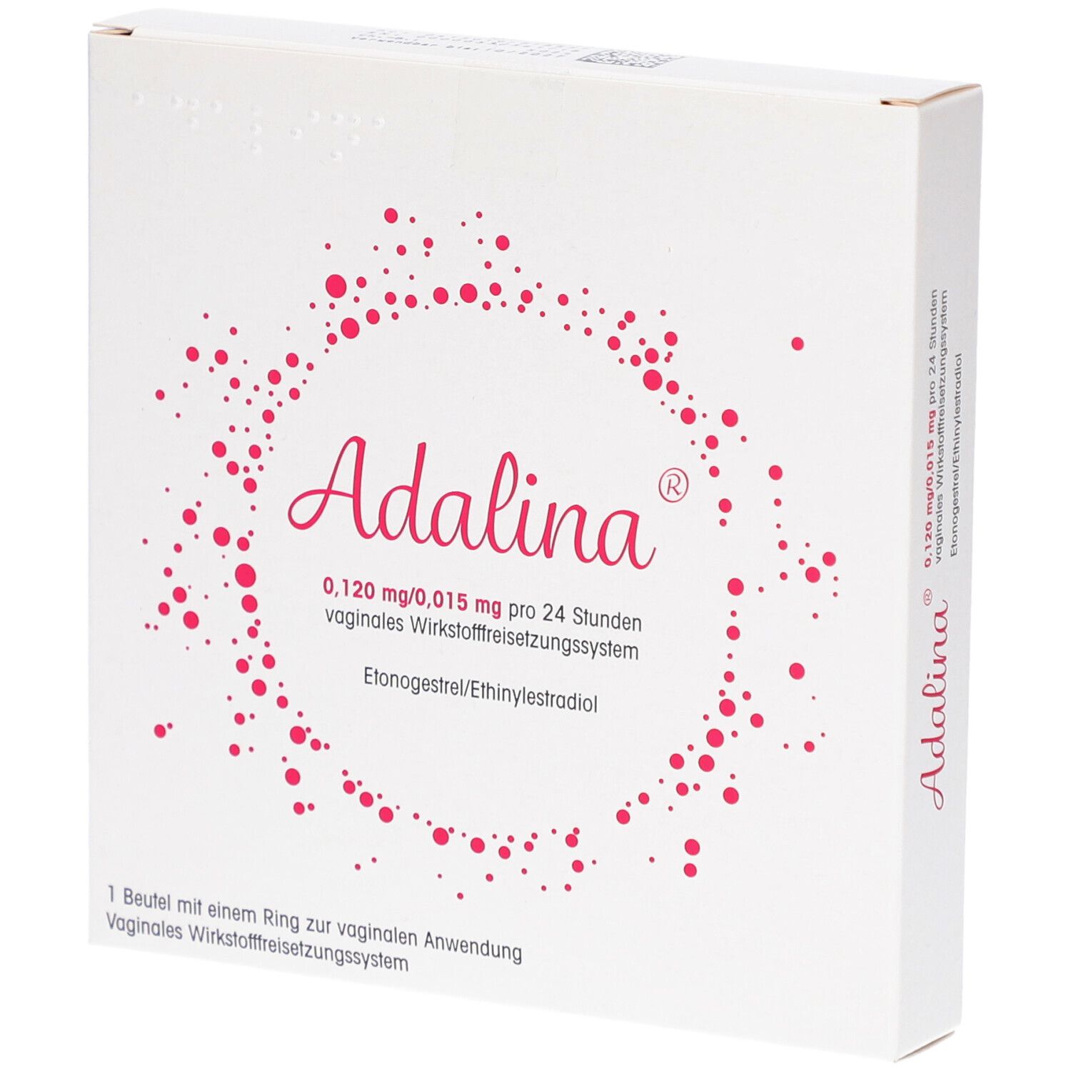 Weiße Schachtel mit rosa Punkten und Schriftzug Adalina. Enthält Informationen zu Dosierung und Anwendung.