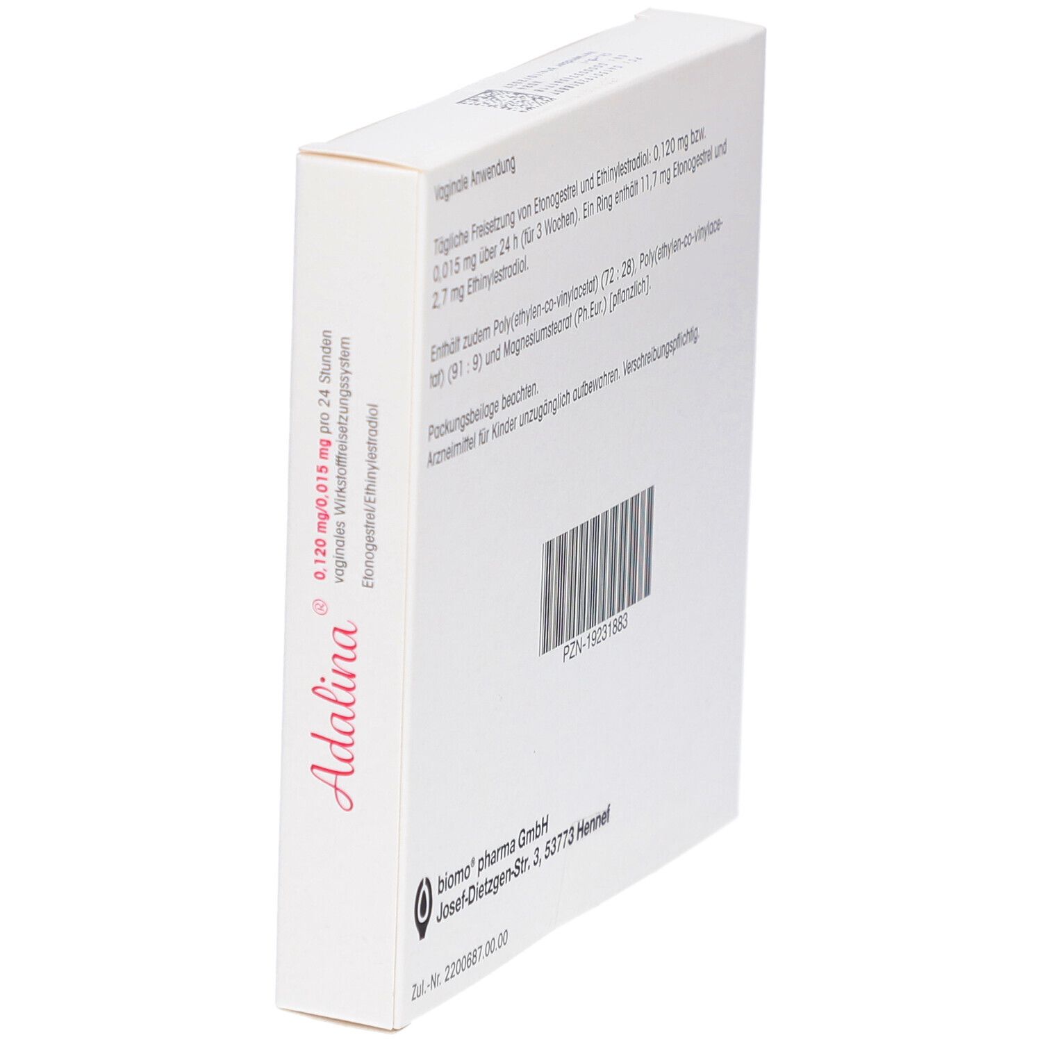 Seitliche Ansicht der weißen Schachtel. Informationen zur Anwendung und Hersteller sind sichtbar.