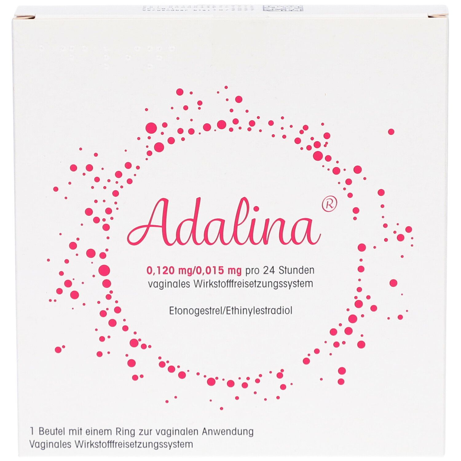 Weiße Schachtel mit rosa Punkten und Schriftzug Adalina. Enthält Informationen zu Dosierung und Anwendung.