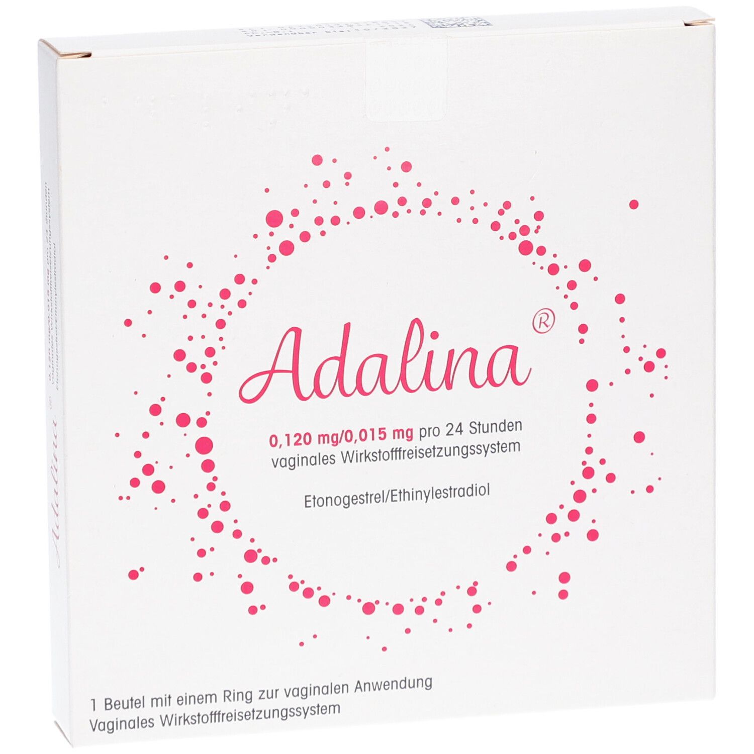 Weiße Schachtel mit rosa Punkten und Schriftzug Adalina. Enthält Informationen zu Dosierung und Anwendung.