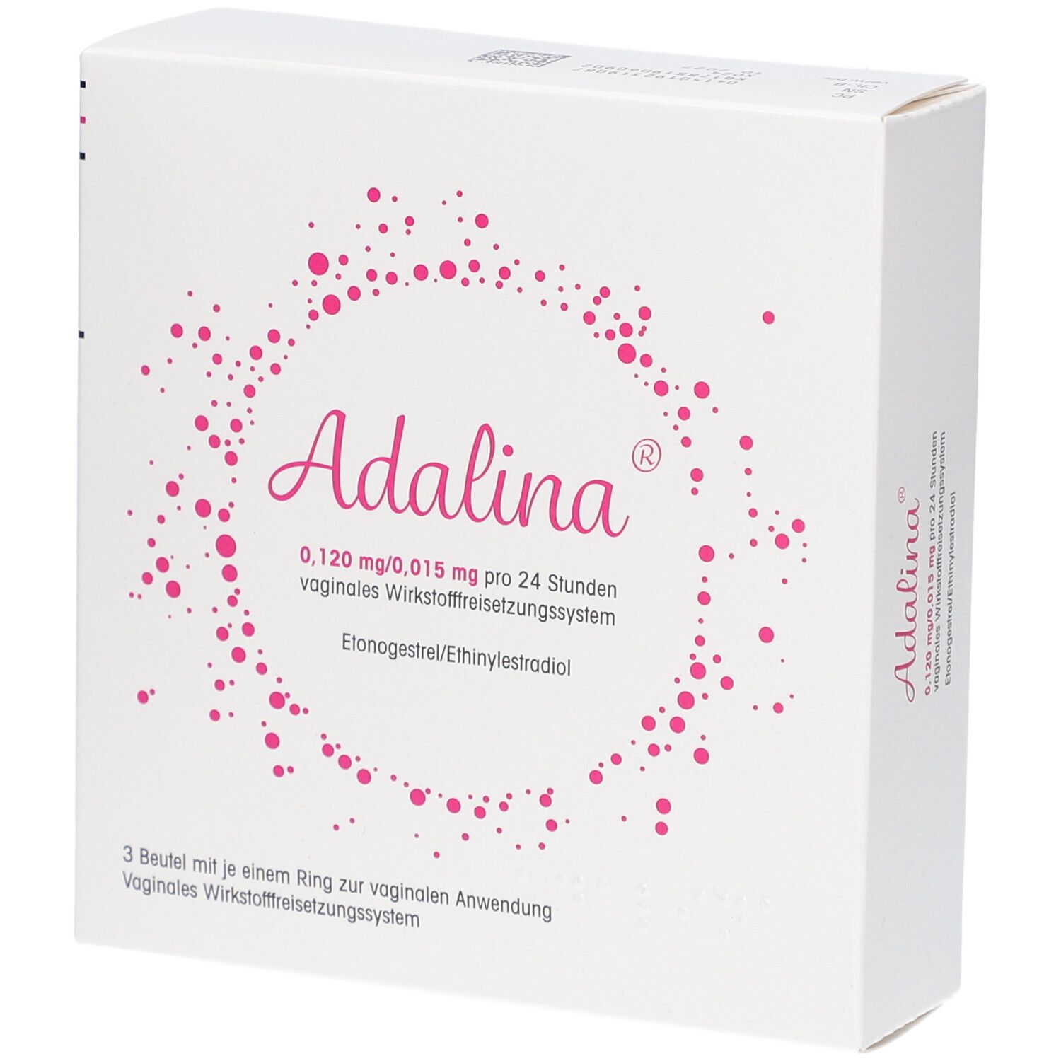 Weiße Schachtel mit rosa Punkten und Schriftzug "Adalina". Enthält Informationen zu Dosierung und Anwendung. 3 Beutel zur vaginalen Anwendung.