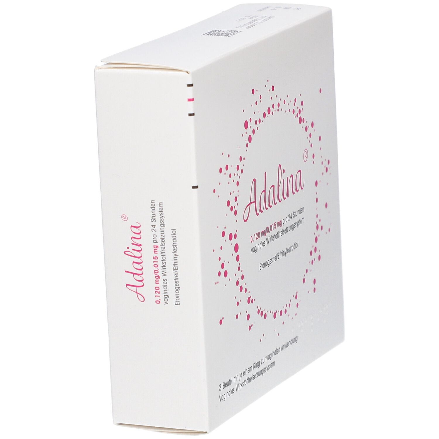 Schachtel "Adalina" in schräger Ansicht. Aufdruck mit Dosierung und Wirkstoff. Weiße Verpackung mit rosa Akzenten.