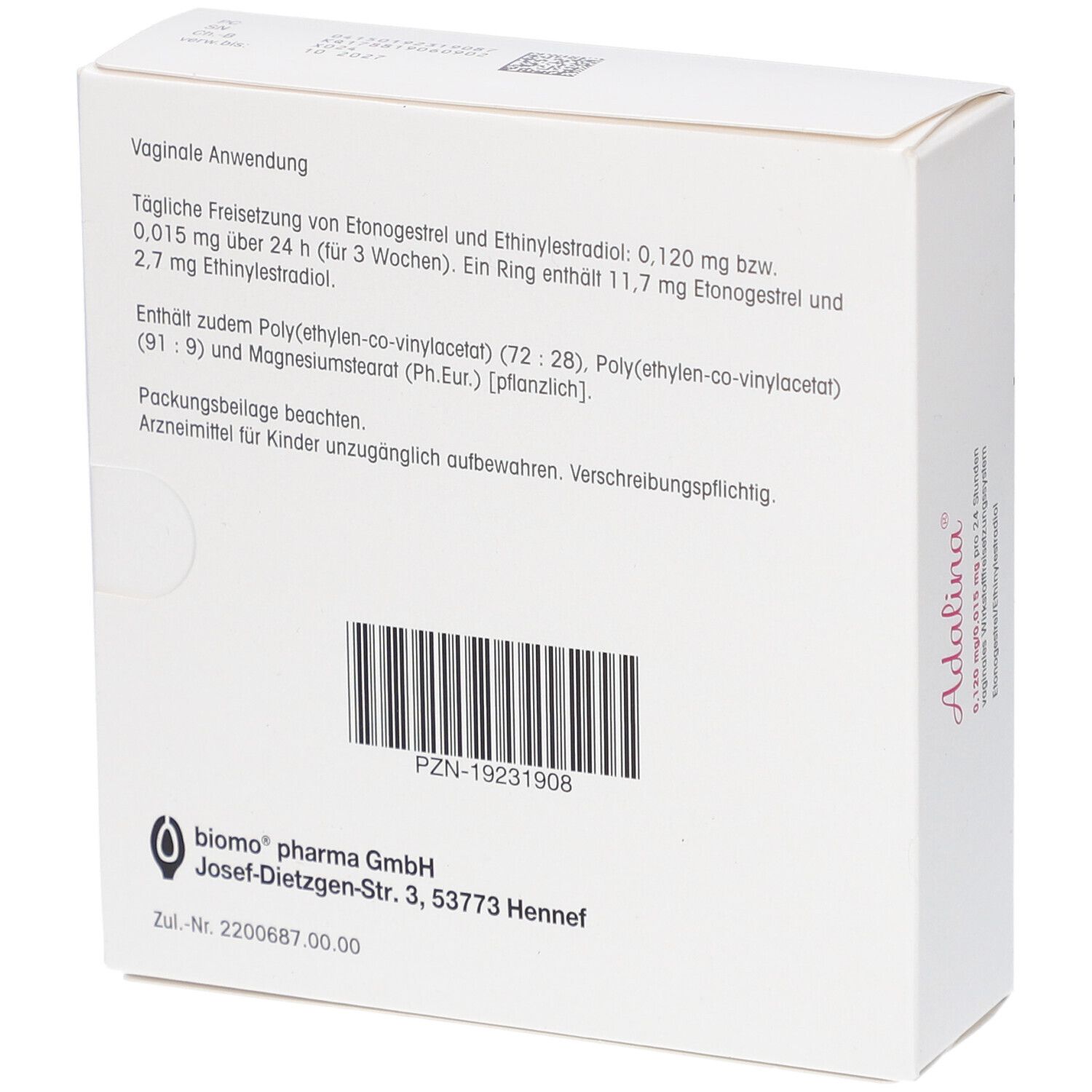 Rückseite der "Adalina"-Verpackung. Enthält Informationen zur Anwendung, Inhaltsstoffe und Hersteller. Barcode und Firmenlogo.