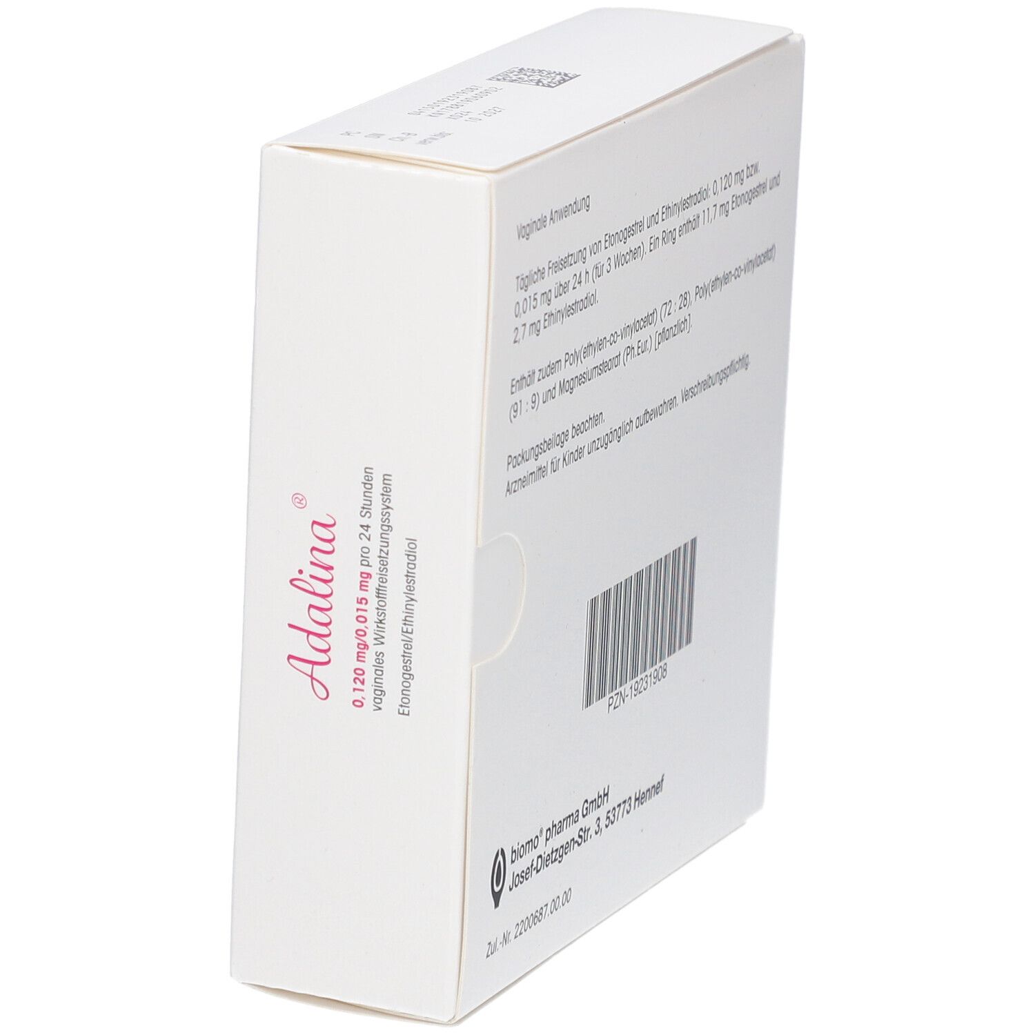 Schachtel "Adalina" in schräger Ansicht. Aufdruck mit Dosierung und Wirkstoff. Weiße Verpackung mit rosa Akzenten.