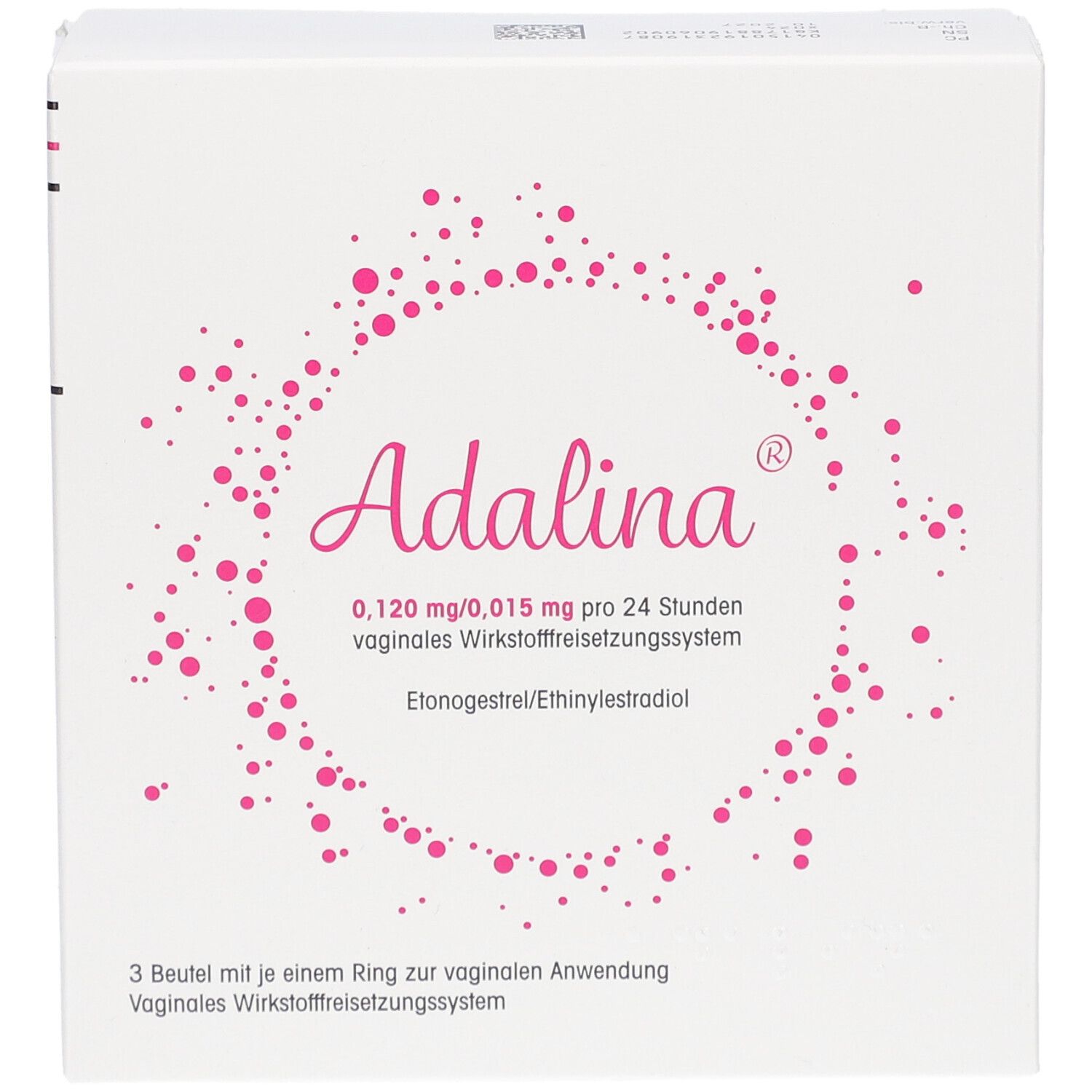 Weiße Schachtel mit rosa Punkten und Schriftzug "Adalina". Enthält Informationen zu Dosierung und Anwendung. 3 Beutel zur vaginalen Anwendung.