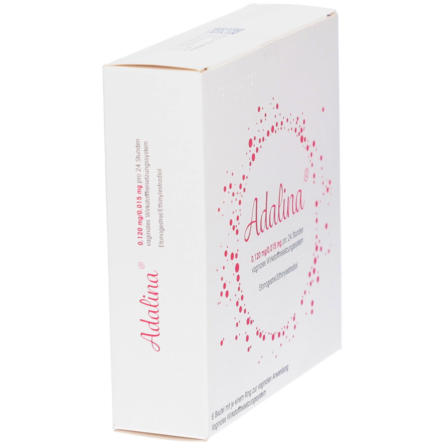 Weiße Schachtel, seitliche Ansicht. Rosa Schriftzug "Adalina". Enthält Informationen zu Dosierung und Anwendung. Winkelansicht.