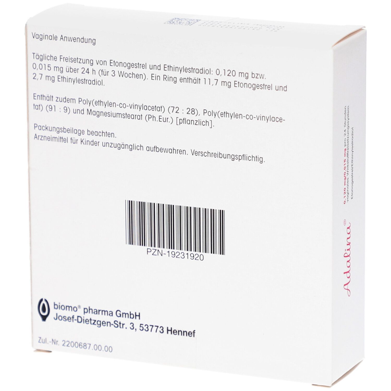 Rückseite der weißen Schachtel. Informationen zur Anwendung und Inhaltsstoffen. Barcode und Firmenlogo.