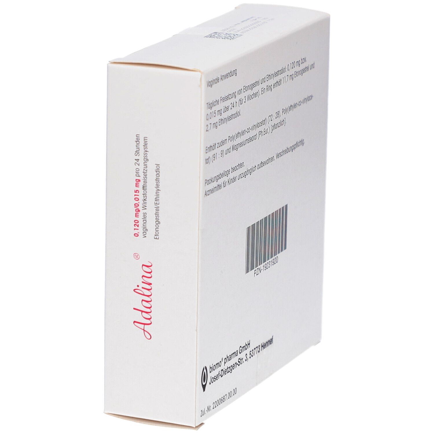 Weiße Schachtel, schräge Ansicht. Rosa Schriftzug "Adalina". Informationen zu Dosierung und Anwendung. Barcode.