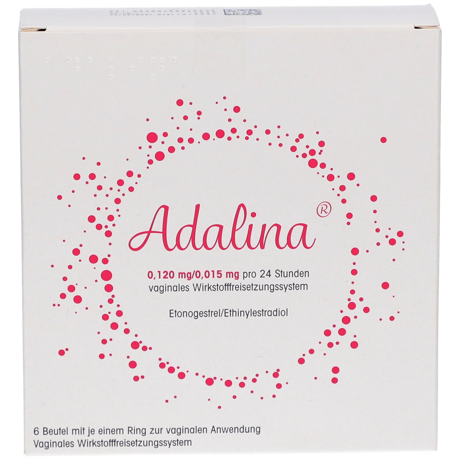 Weiße Schachtel mit rosa Schriftzug "Adalina". Enthält Informationen zu Dosierung und Anwendung. 6 Beutel mit Ring.