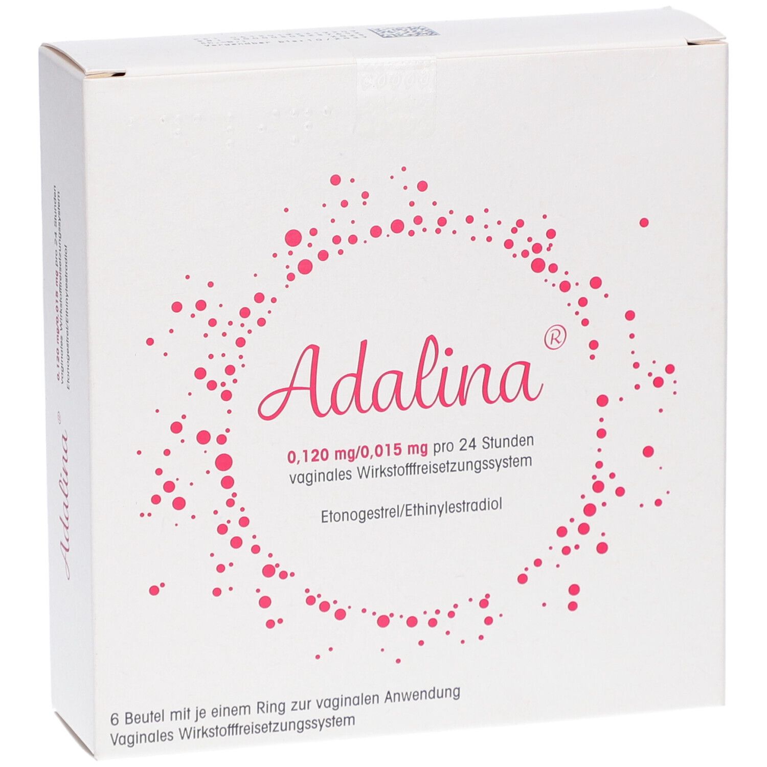 Weiße Schachtel mit rosa Schriftzug "Adalina". Enthält Informationen zu Dosierung und Anwendung. 6 Beutel mit Ring.