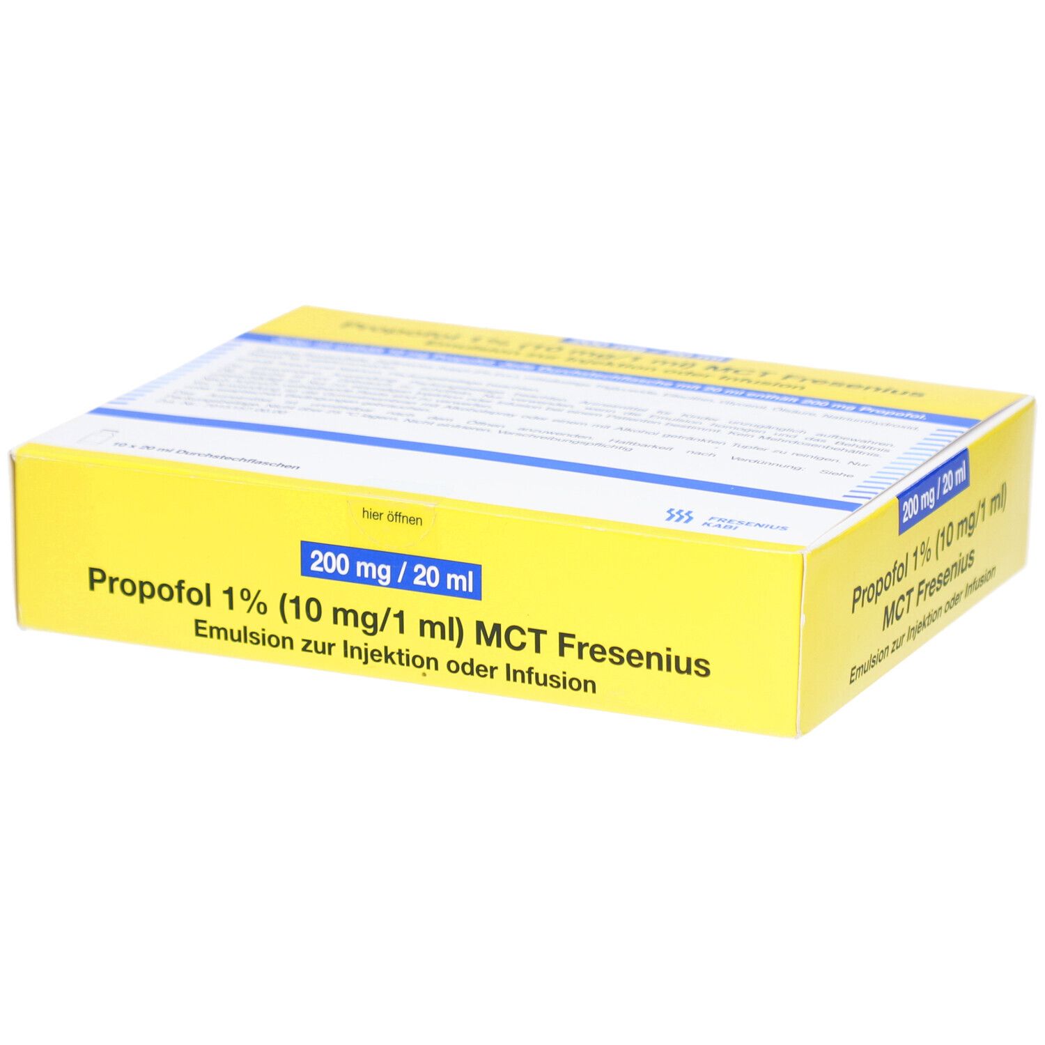 Gelbe Schachtel mit Produktinformationen. Aufschrift: Propofol 1% (10 mg/1 ml) MCT Fresenius. 200 mg / 20 ml.