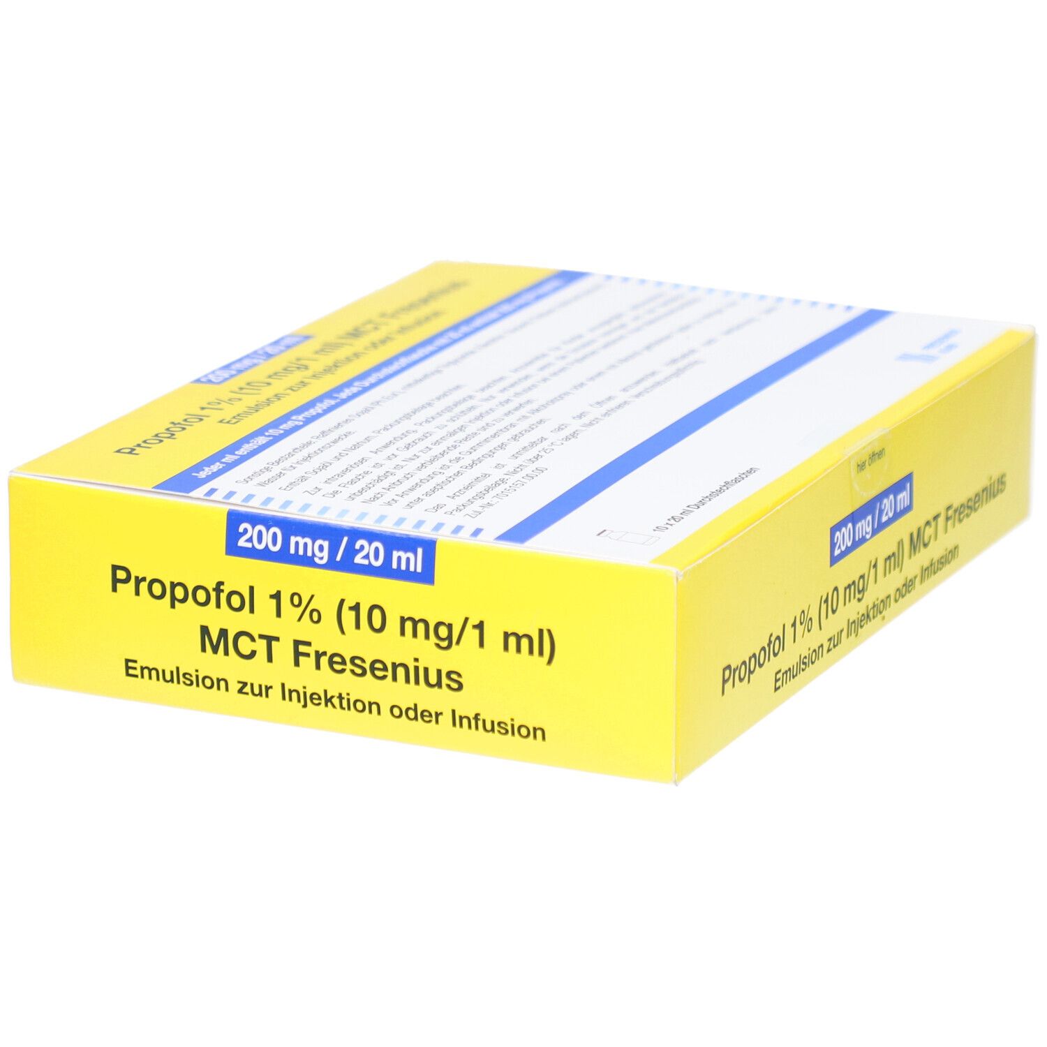 Gelbe Schachtel mit Produktinformationen. Aufschrift: Propofol 1% (10 mg/1 ml) MCT Fresenius. 200 mg / 20 ml.