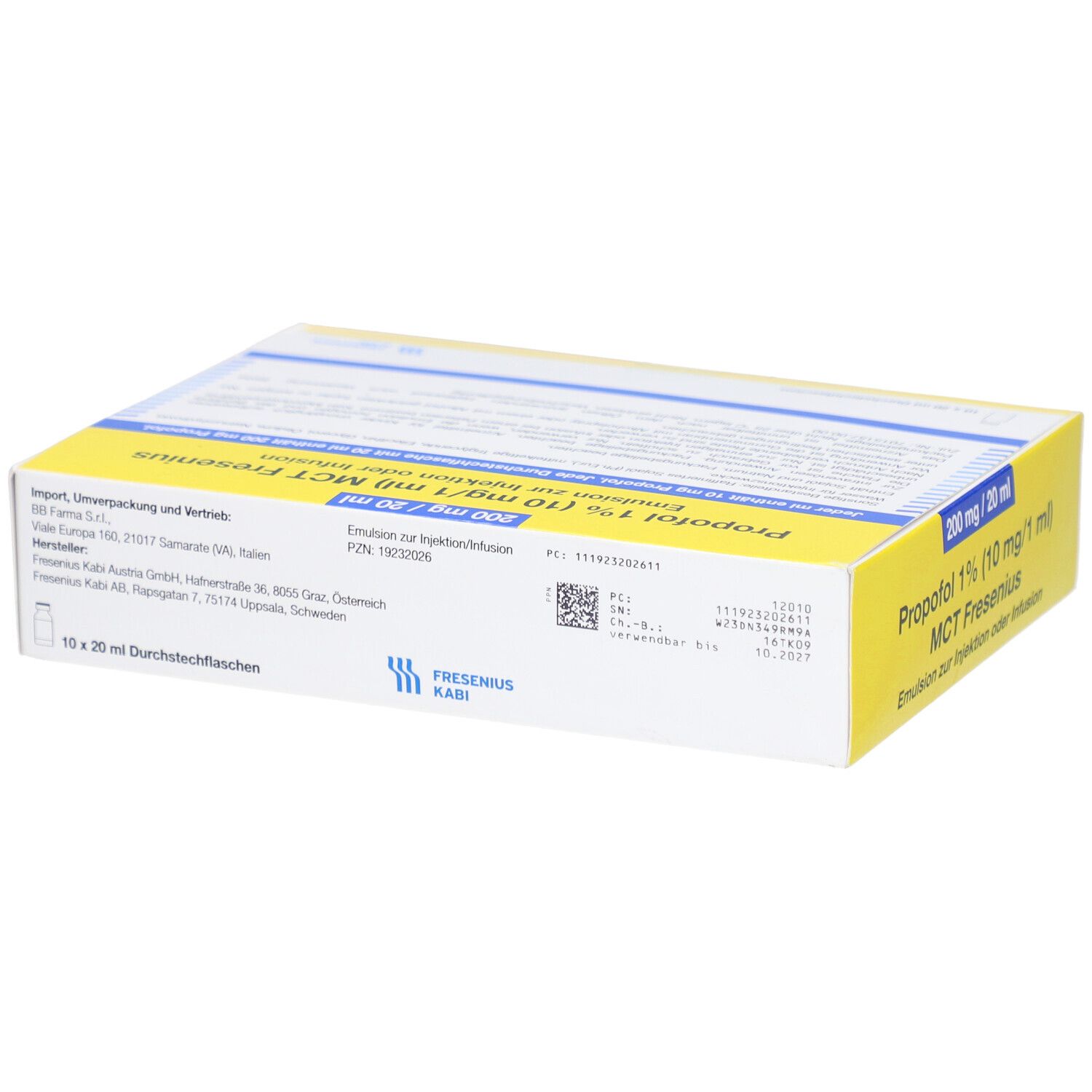 Gelbe Schachtel mit Produktinformationen. Aufschrift: Propofol 1% (10 mg/1 ml) MCT Fresenius. 200 mg / 20 ml. Fresenius Kabi Logo.