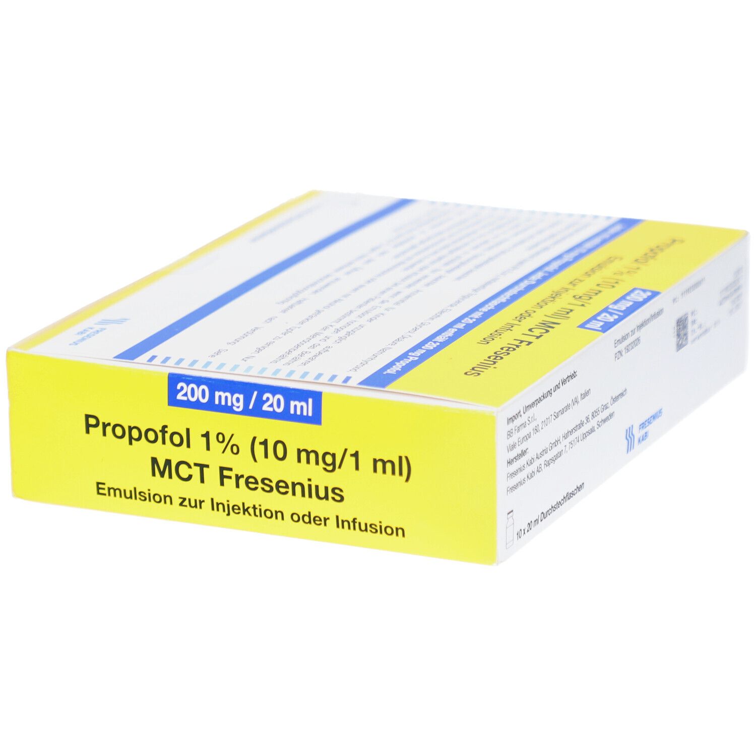 Gelbe Schachtel mit Produktinformationen. Aufschrift: Propofol 1% (10 mg/1 ml) MCT Fresenius. 200 mg / 20 ml.
