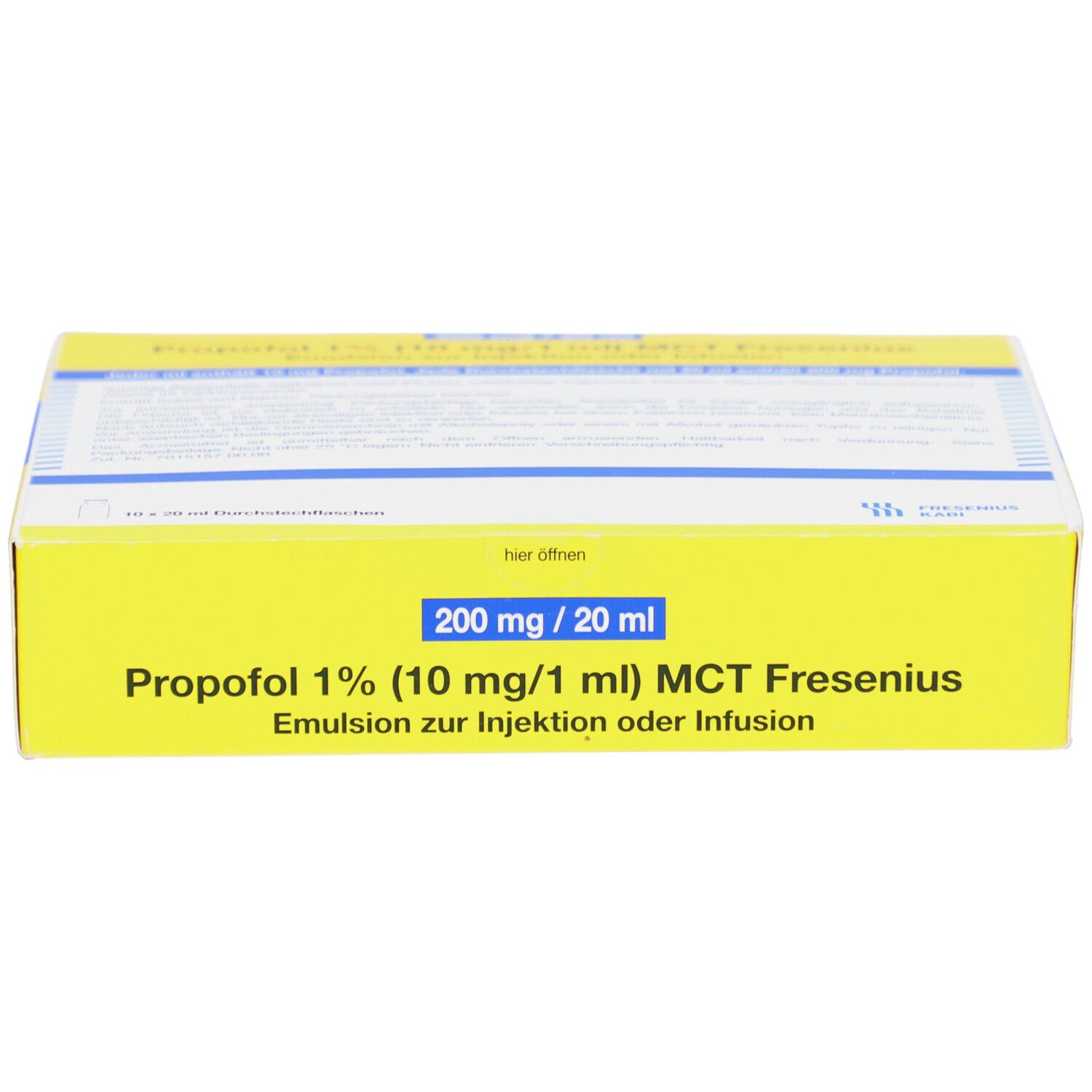 Gelbe Schachtel mit Produktinformationen. Aufschrift: Propofol 1% (10 mg/1 ml) MCT Fresenius. 200 mg / 20 ml.