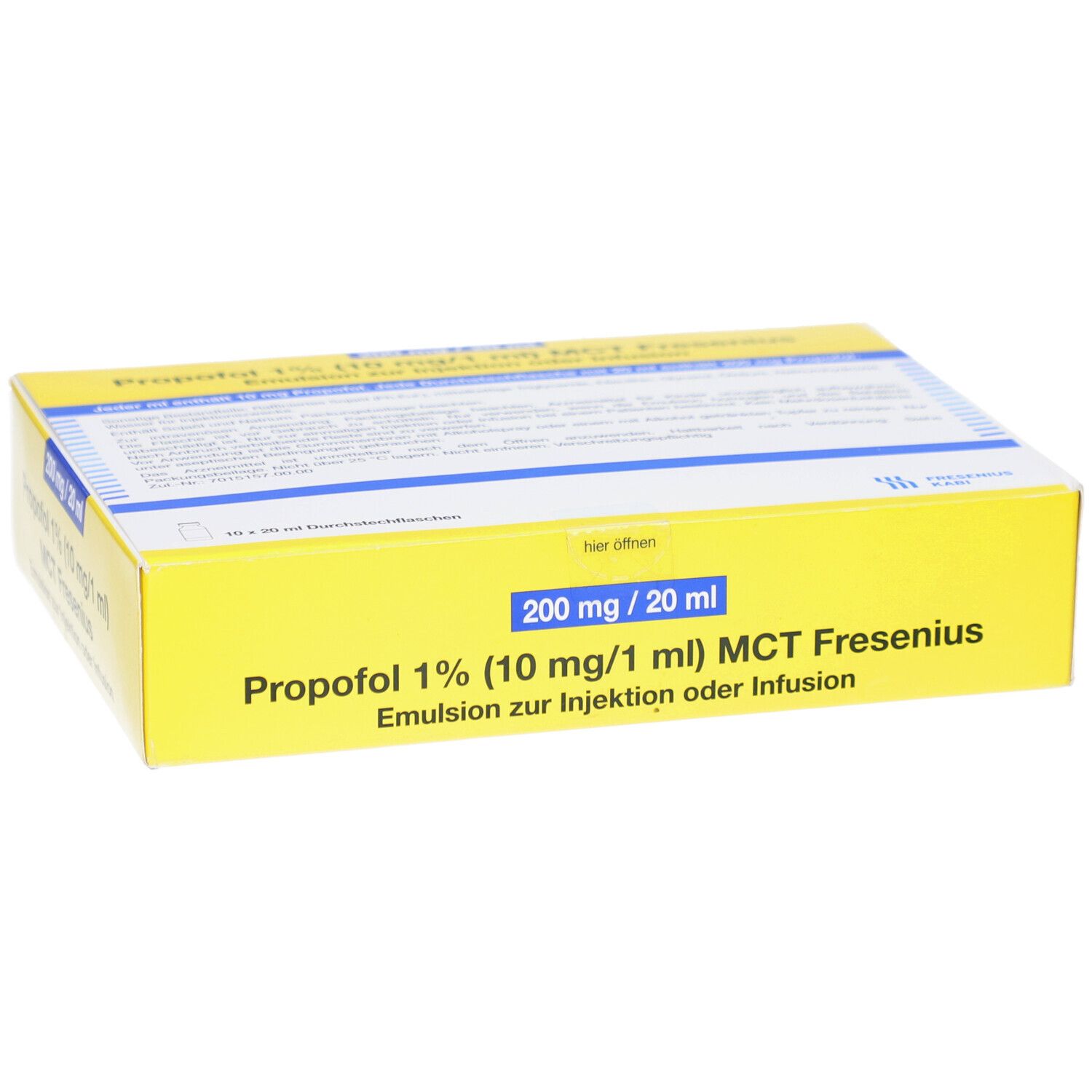 Gelbe Schachtel mit Produktinformationen. Aufschrift: Propofol 1% (10 mg/1 ml) MCT Fresenius. 200 mg / 20 ml.