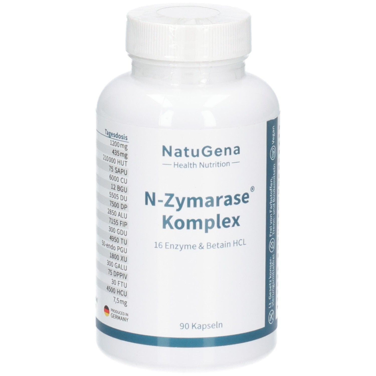 Weiße Kapsel-Flasche NatuGena N-Zymarase Komplex mit 90 Kapseln. Enthält 16 Enzyme & Betain HCL.