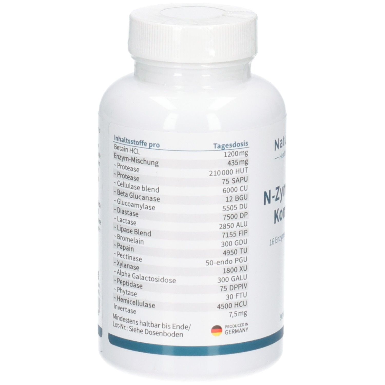 Rückseite der NatuGena N-Zymarase Komplex Flasche mit detaillierter Inhaltsstoffliste und Tagesdosis.
