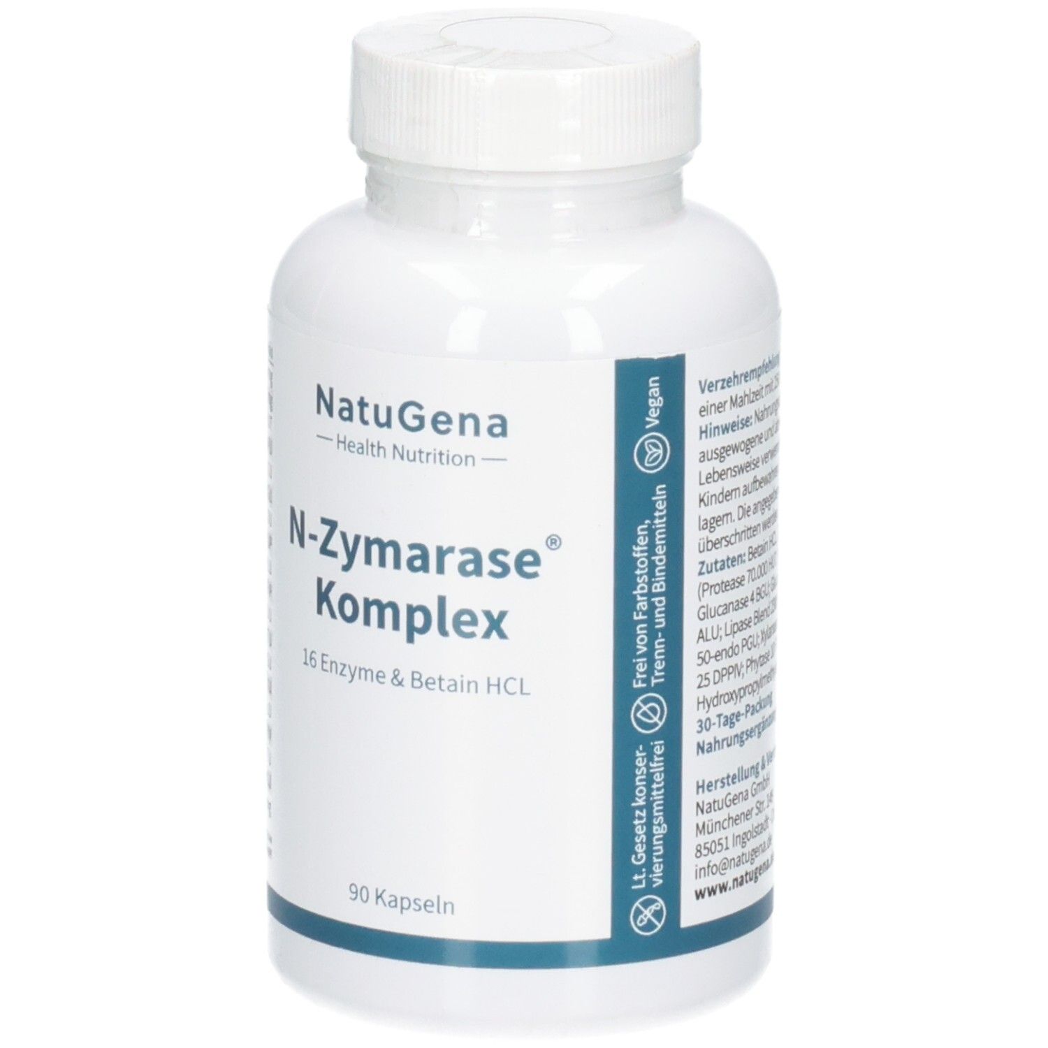 Vorderseite der NatuGena N-Zymarase Komplex Flasche mit Siegeln für 'Vegan' und 'Frei von Farbstoffen'.