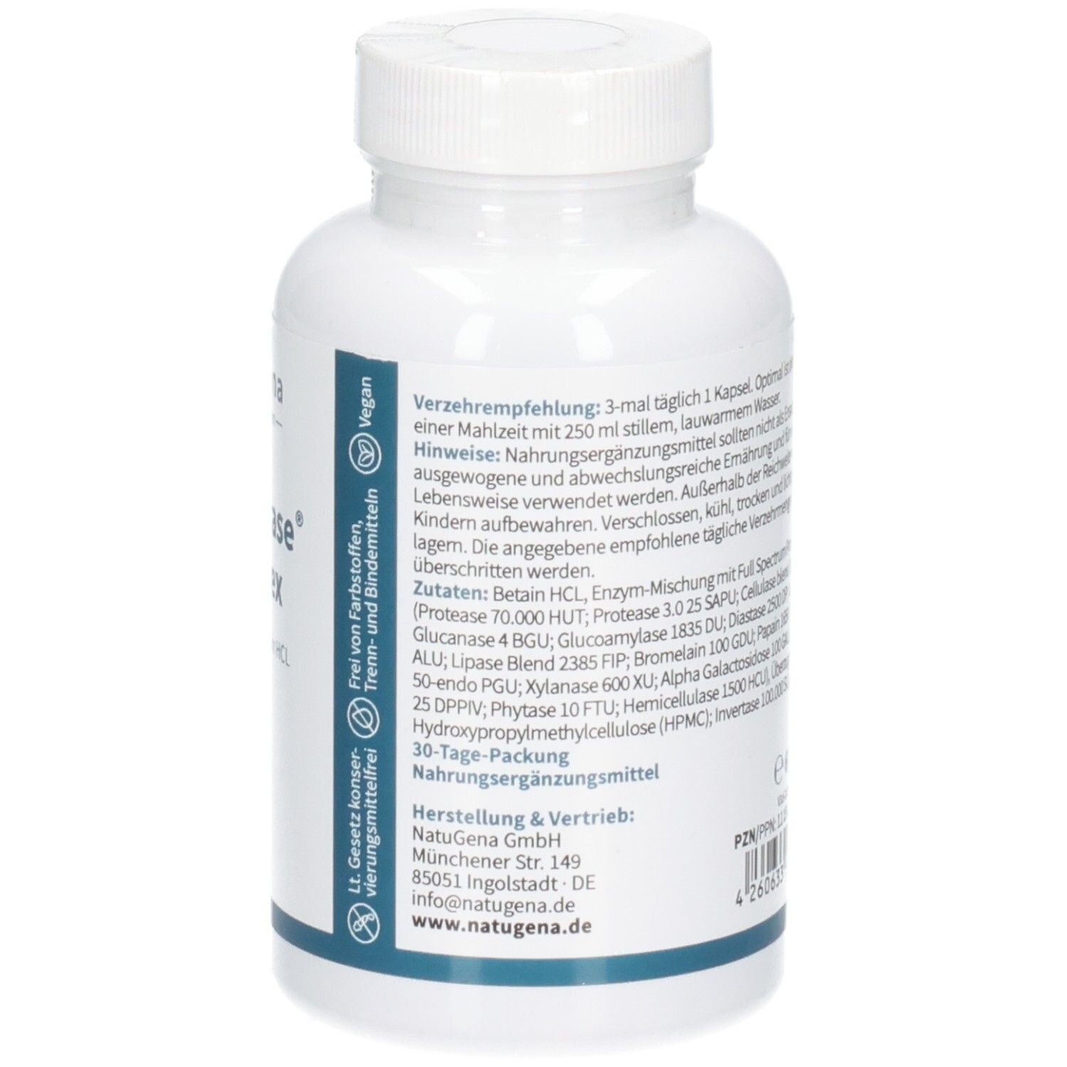 Rückseite der NatuGena N-Zymarase Komplex Flasche mit Anwendungshinweisen und Herstellerinformationen.