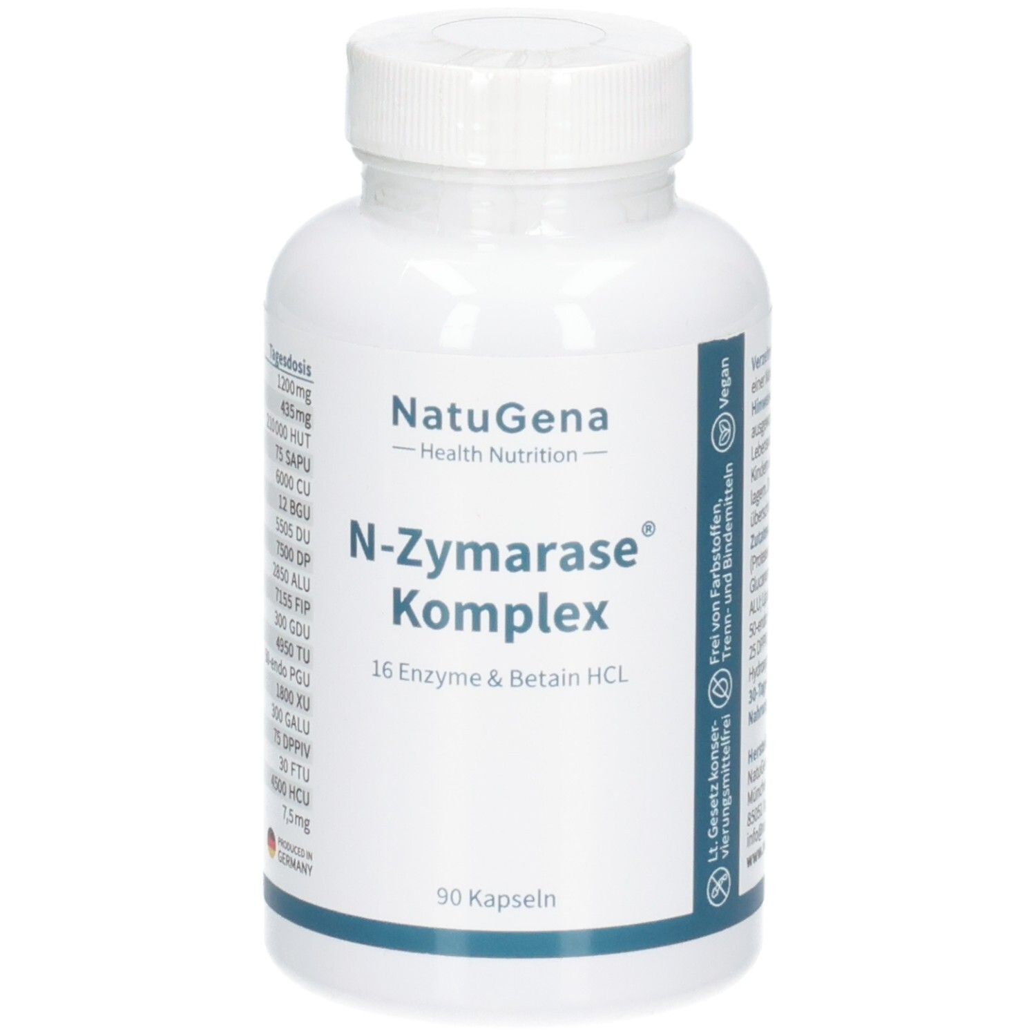 Weiße Kapsel-Flasche NatuGena N-Zymarase Komplex, 90 Kapseln. Enthält 16 Enzyme & Betain HCL.