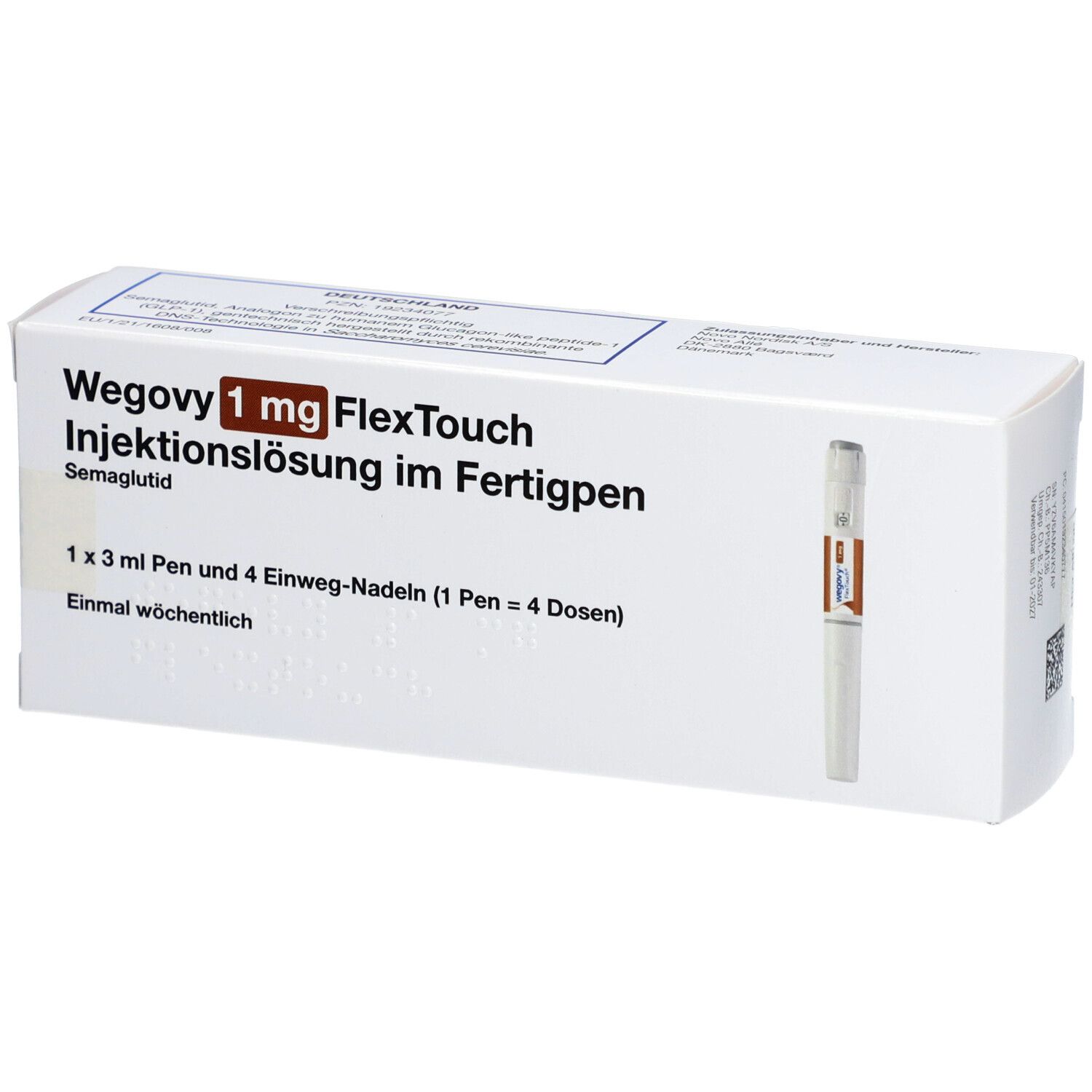 Weiße Schachtel mit Produktnamen und Fertigpen-Abbildung. Text: Wegovy 1 mg FlexTouch Injektionslsg.Fertigpen.