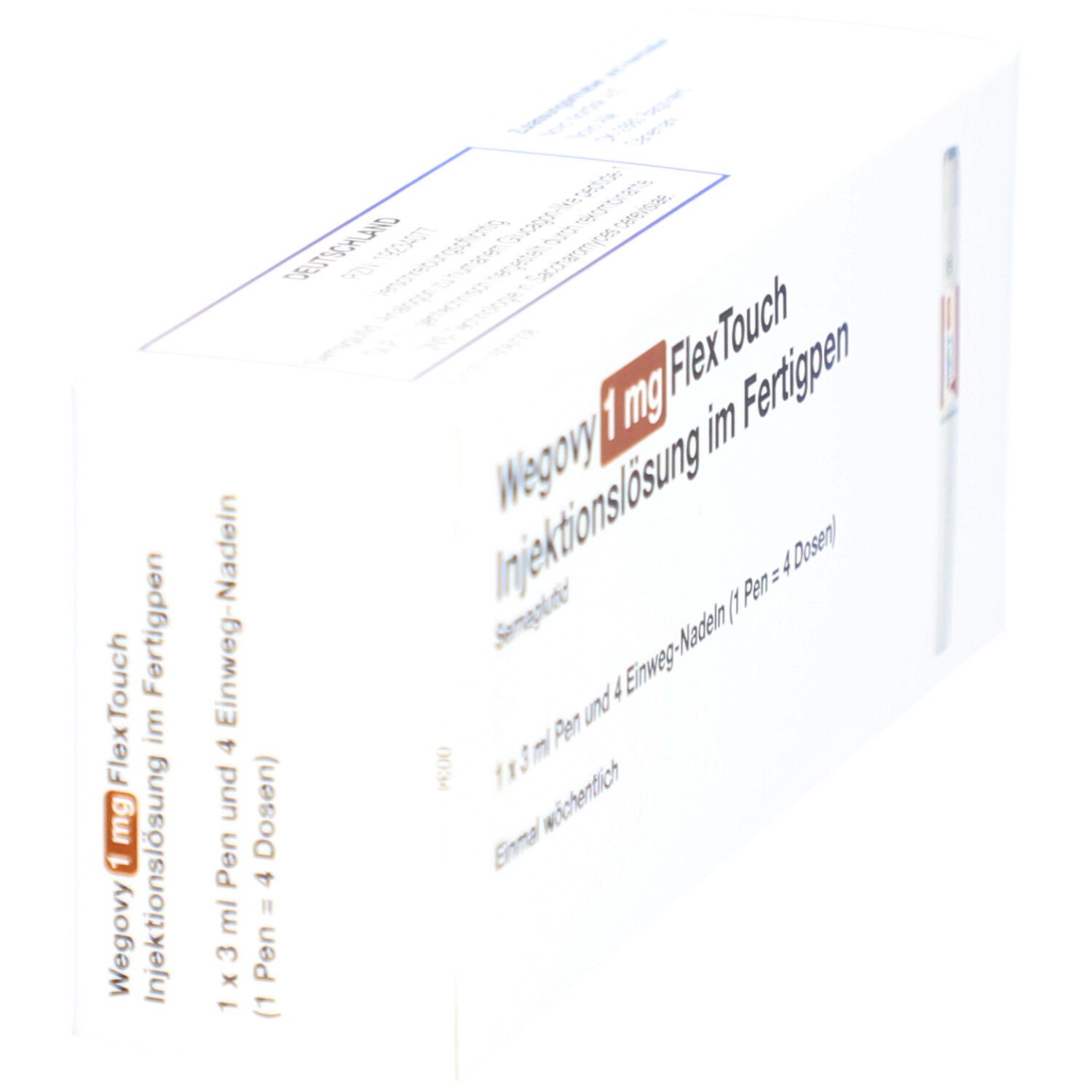 Schachtel, schräg von oben. Produktname und Fertigpen-Abbildung sichtbar. Text: Wegovy 1 mg FlexTouch Injektionslsg.Fertigpen.