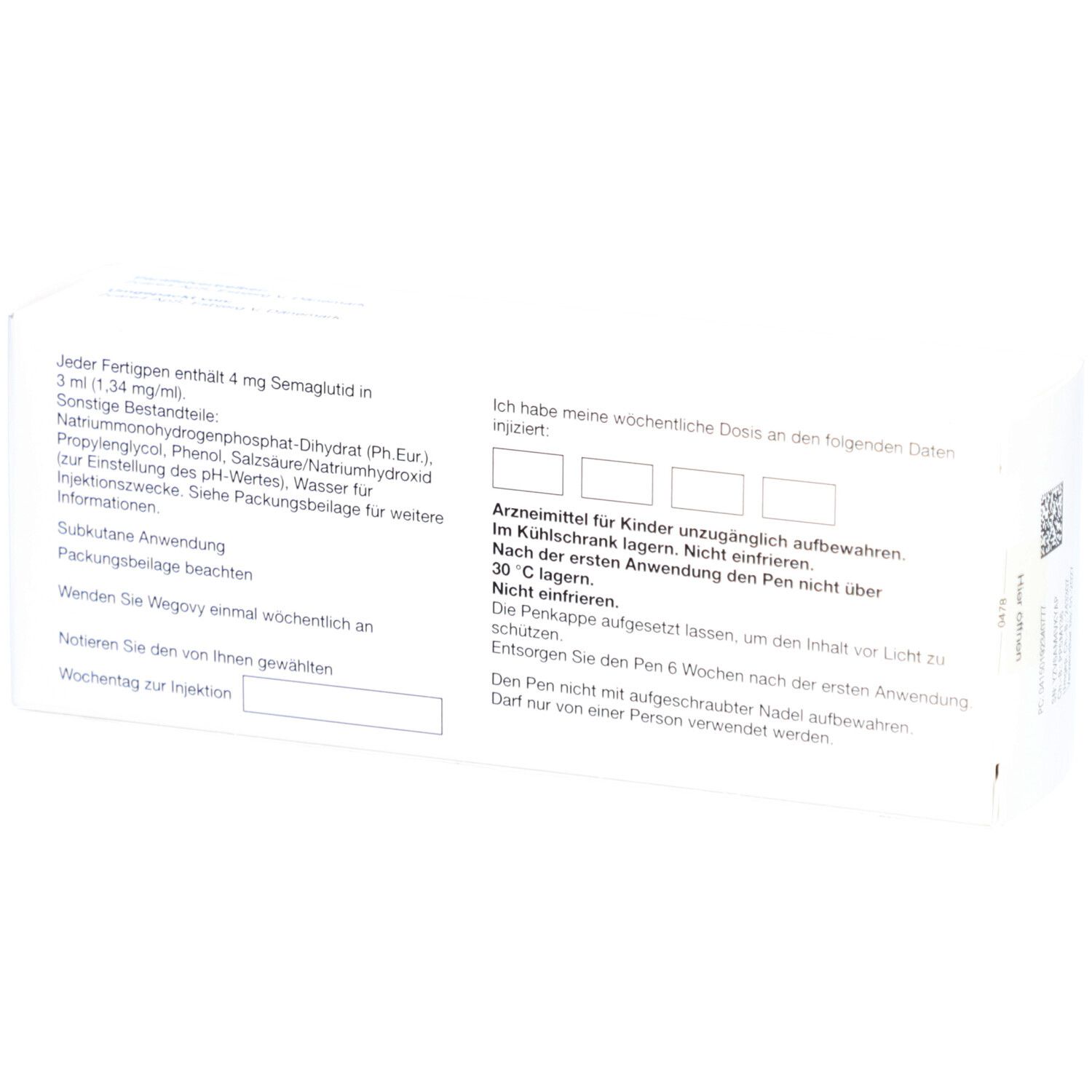 Rückseite der weißen Schachtel. Textinformationen und QR-Code. Text: Injektionslsg.Fertigpen, wöchentliche Dosierung.