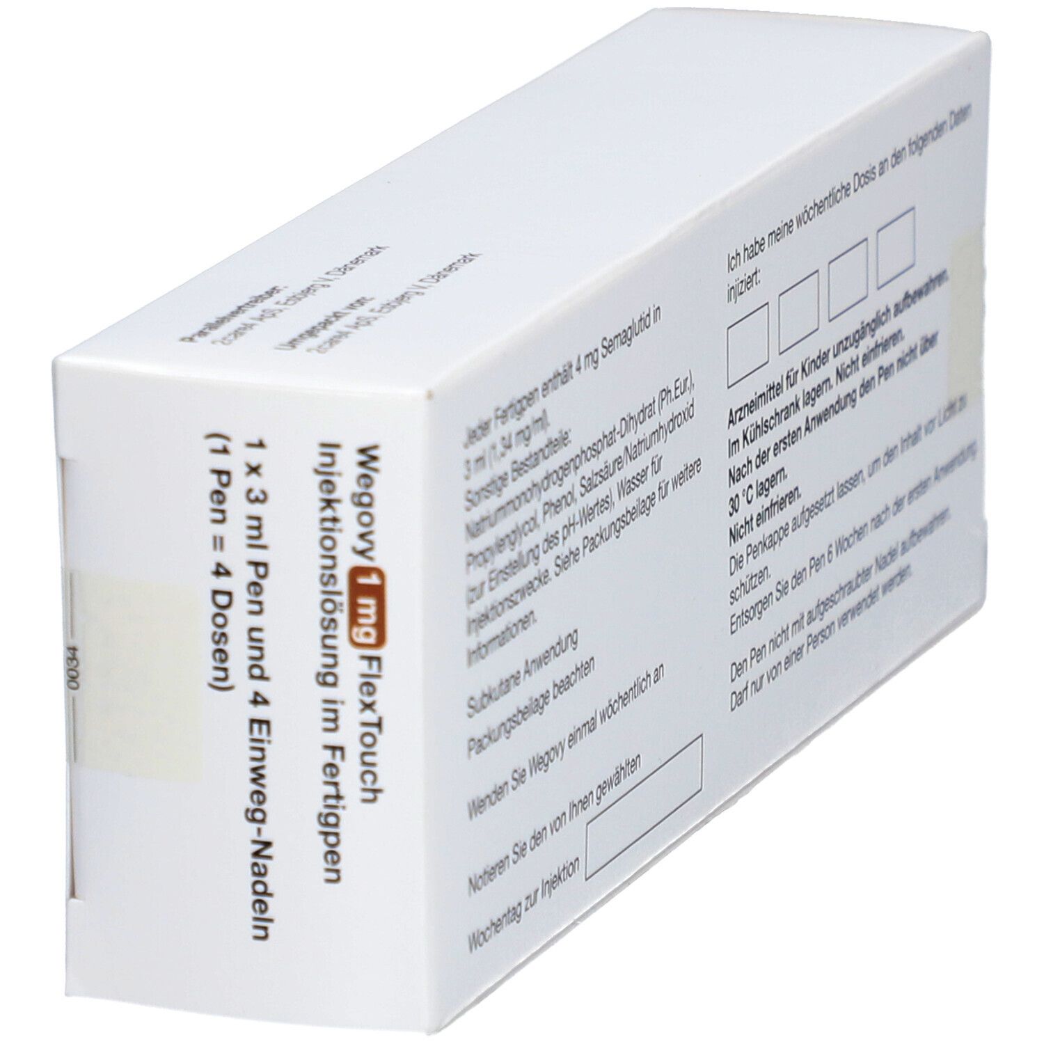 Schachtel, schräg von oben. Textinformationen und QR-Code auf der Rückseite. Text: Injektionslsg.Fertigpen, wöchentliche Dosierung.