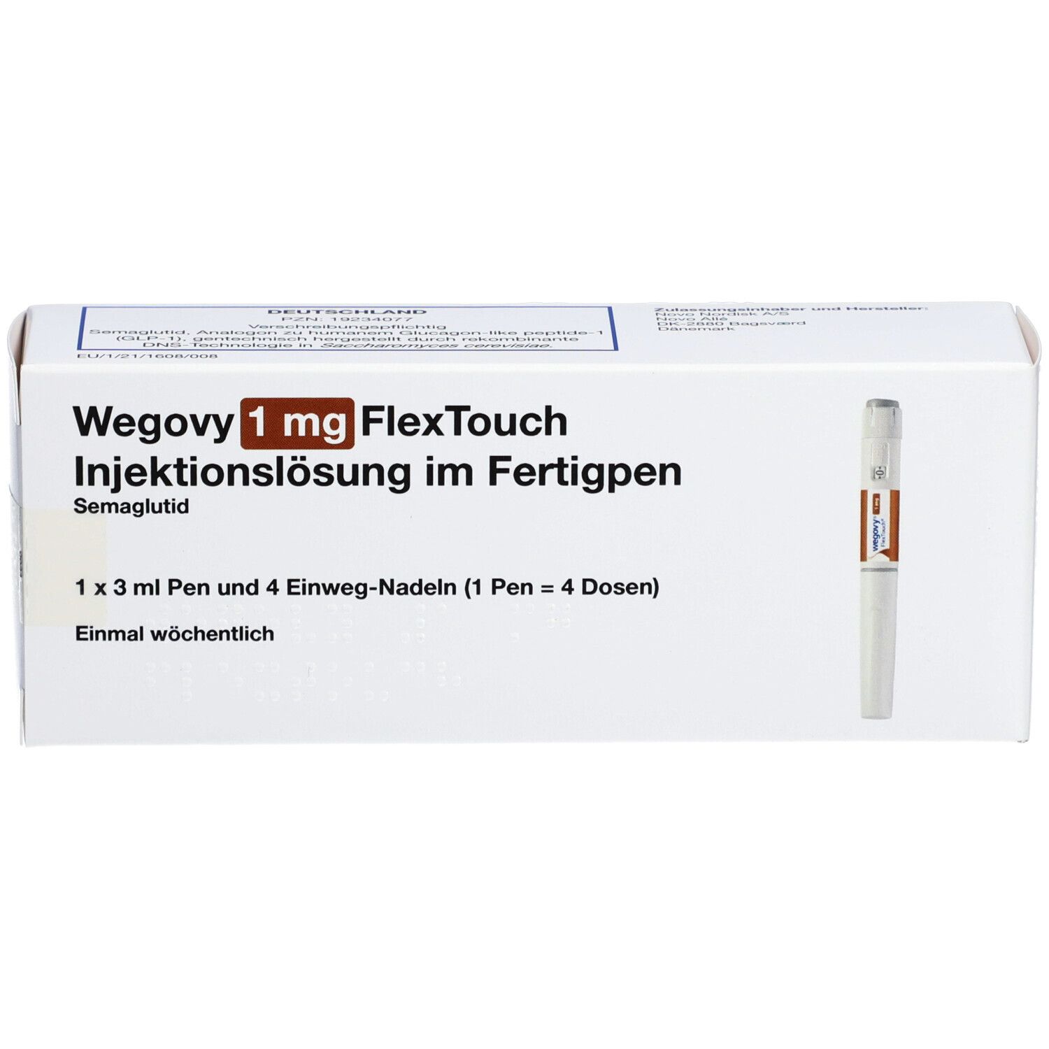 Weiße Schachtel mit Produktnamen und Fertigpen-Abbildung. Text: Wegovy 1 mg FlexTouch Injektionslsg.Fertigpen.