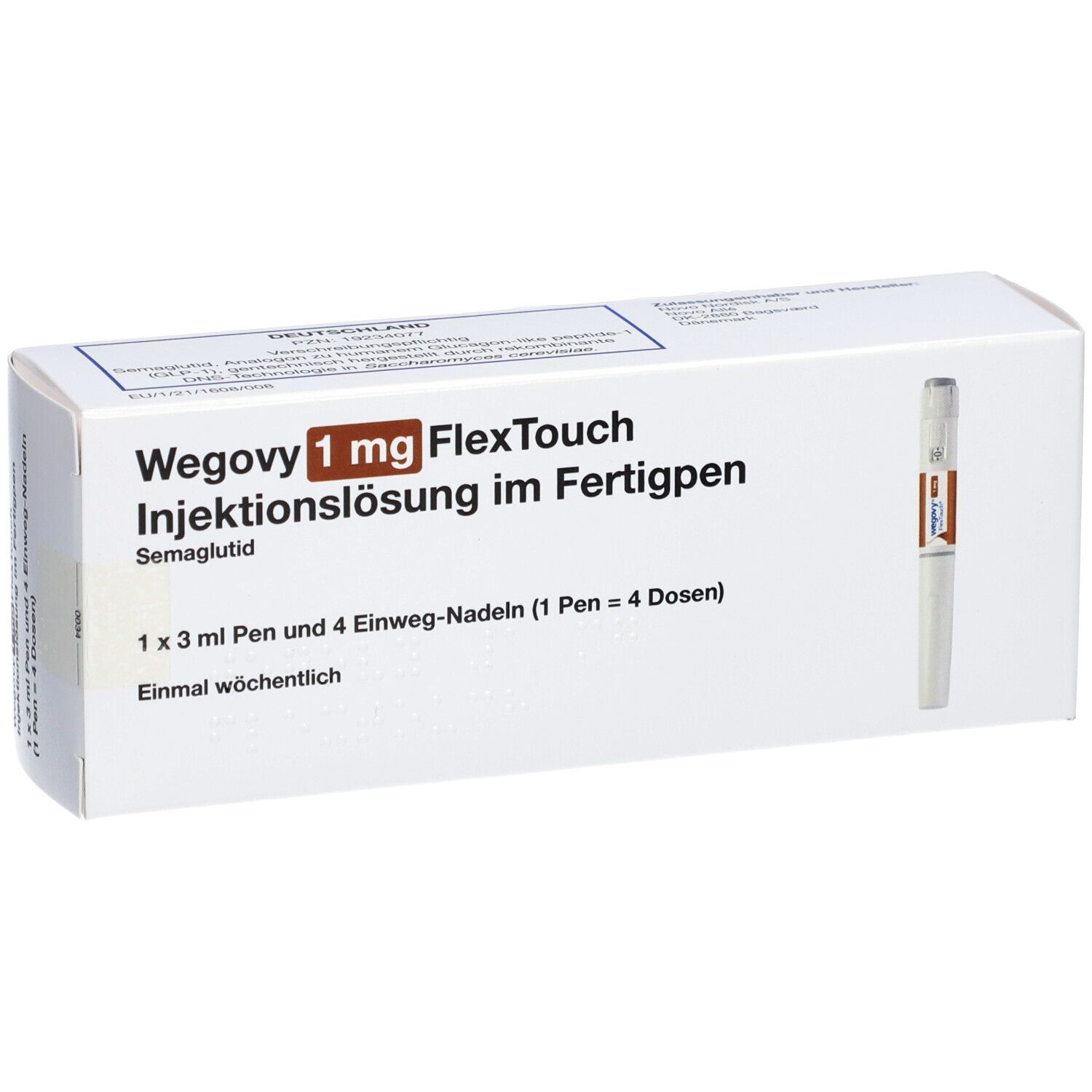 Weiße Schachtel mit Produktnamen und Fertigpen-Abbildung. Text: Wegovy 1 mg FlexTouch Injektionslsg.Fertigpen.