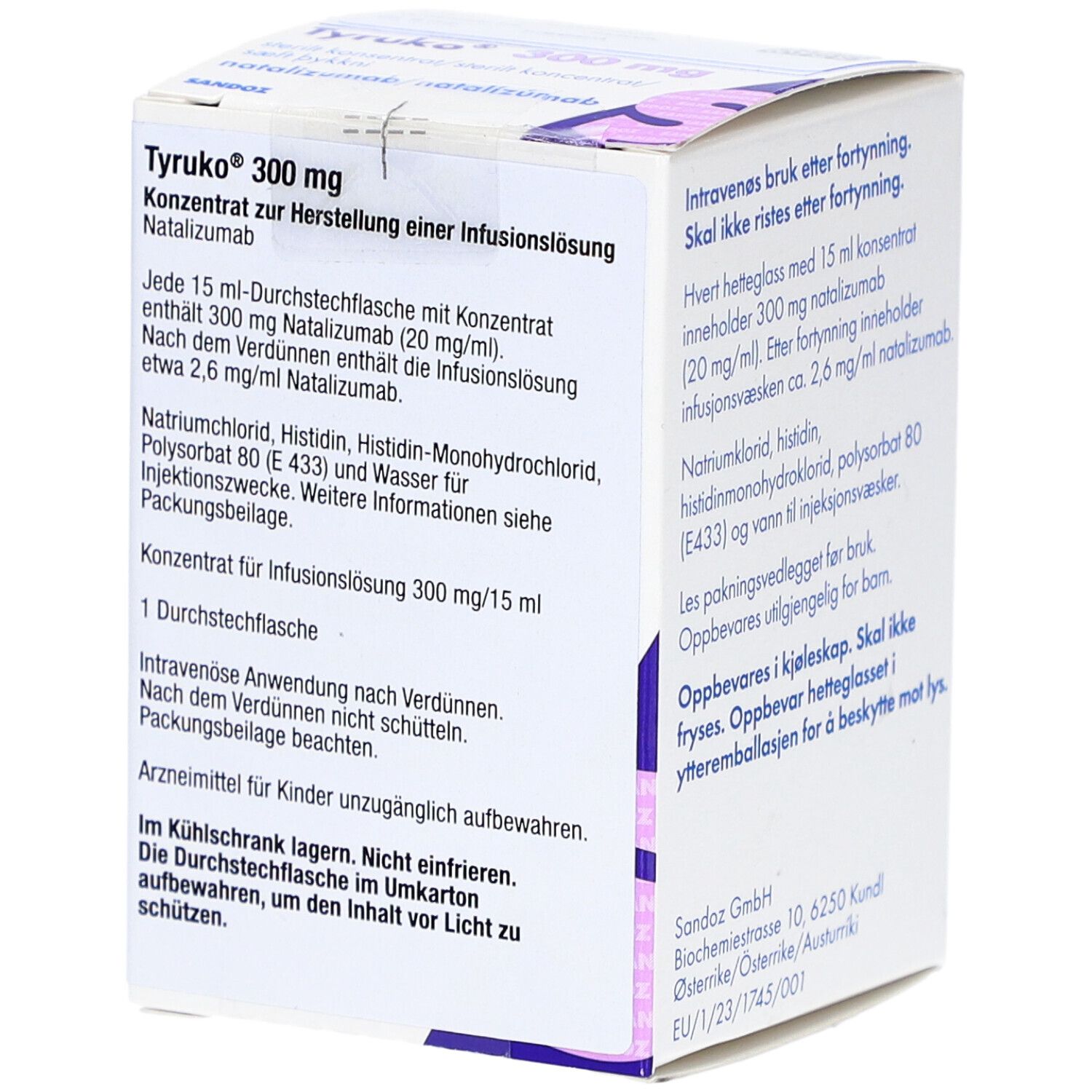 Karton TYRUKO 300 mg. Enthält Informationen zu Inhaltsstoffen und Anwendung. Aufschrift: Konzentrat zur Herstellung einer Infusionslösung.