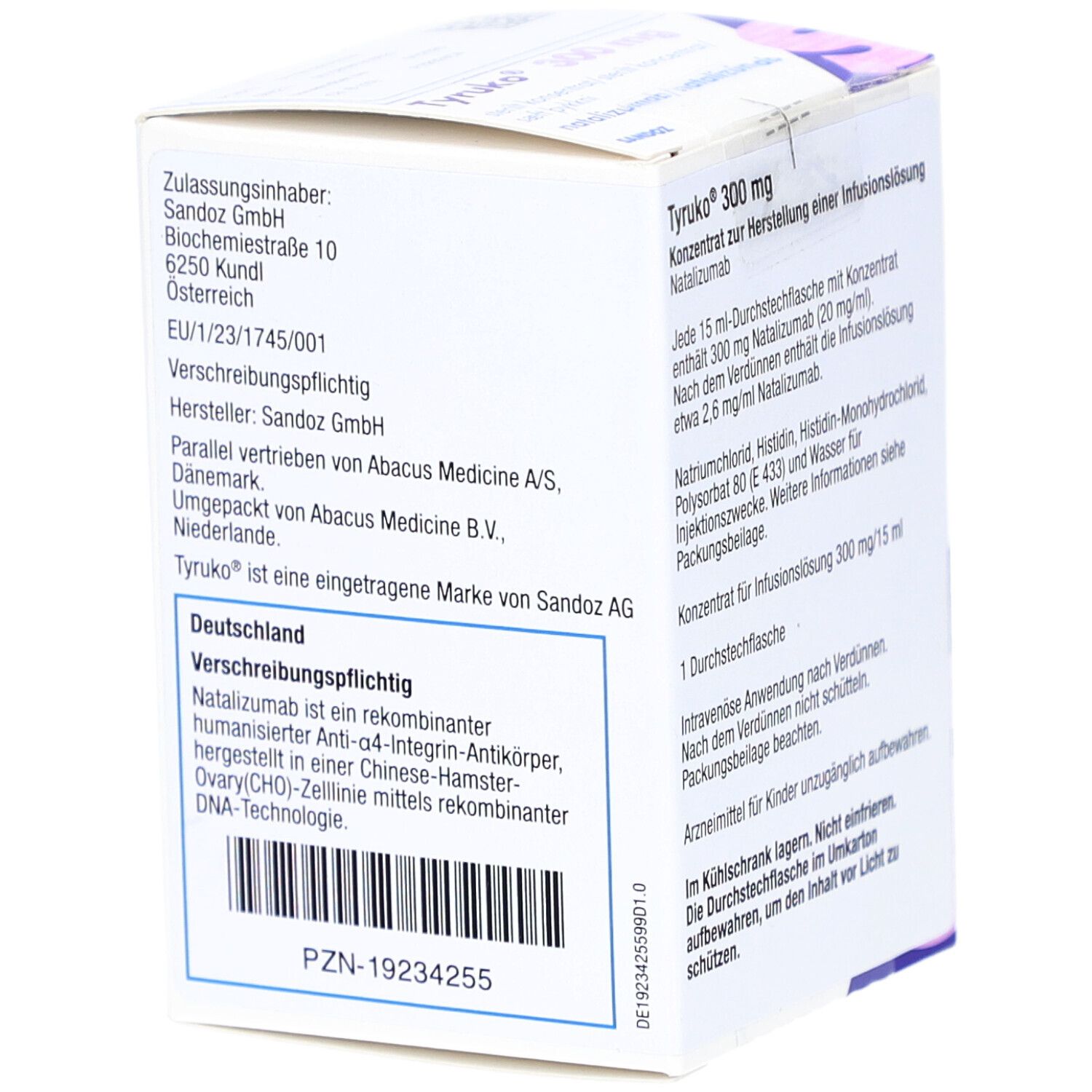 Karton TYRUKO 300 mg. Enthält Informationen zu Hersteller, Vertrieb und Inhaltsstoffen. Aufschrift: Konzentrat zur Herstellung einer Infusionslösung.