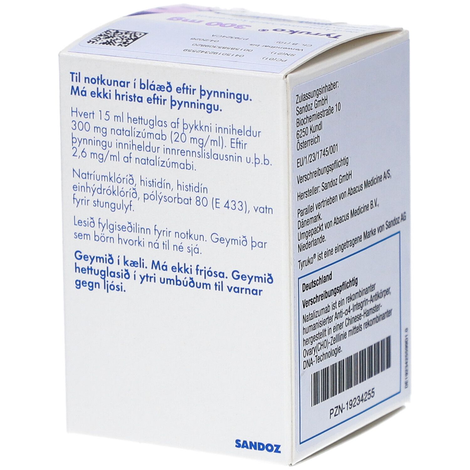 Karton TYRUKO 300 mg. Enthält Informationen zur Anwendung und Lagerung. Aufschrift: Konzentrat zur Herstellung einer Infusionslösung.