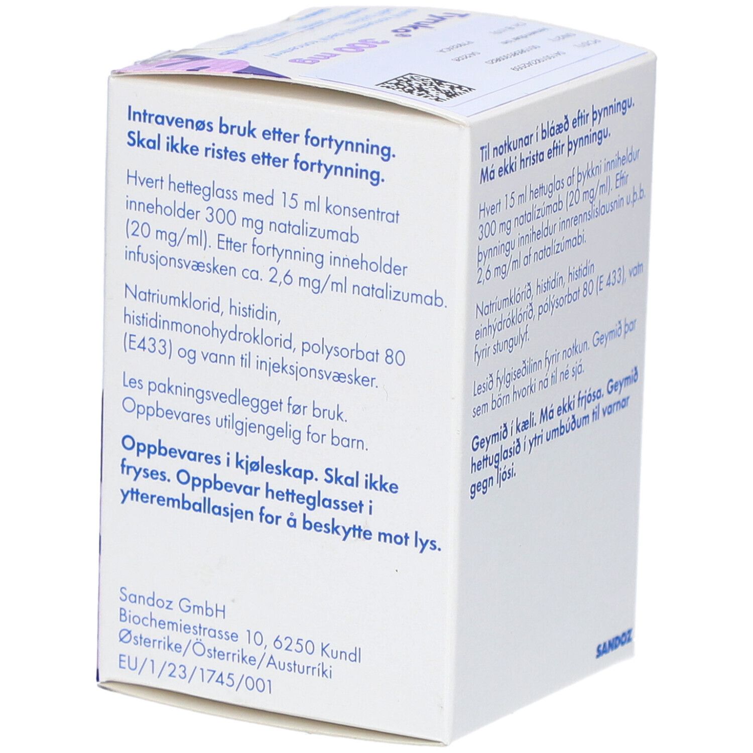 Karton TYRUKO 300 mg. Enthält Informationen zur Anwendung und Lagerung. Aufschrift: Konzentrat zur Herstellung einer Infusionslösung.