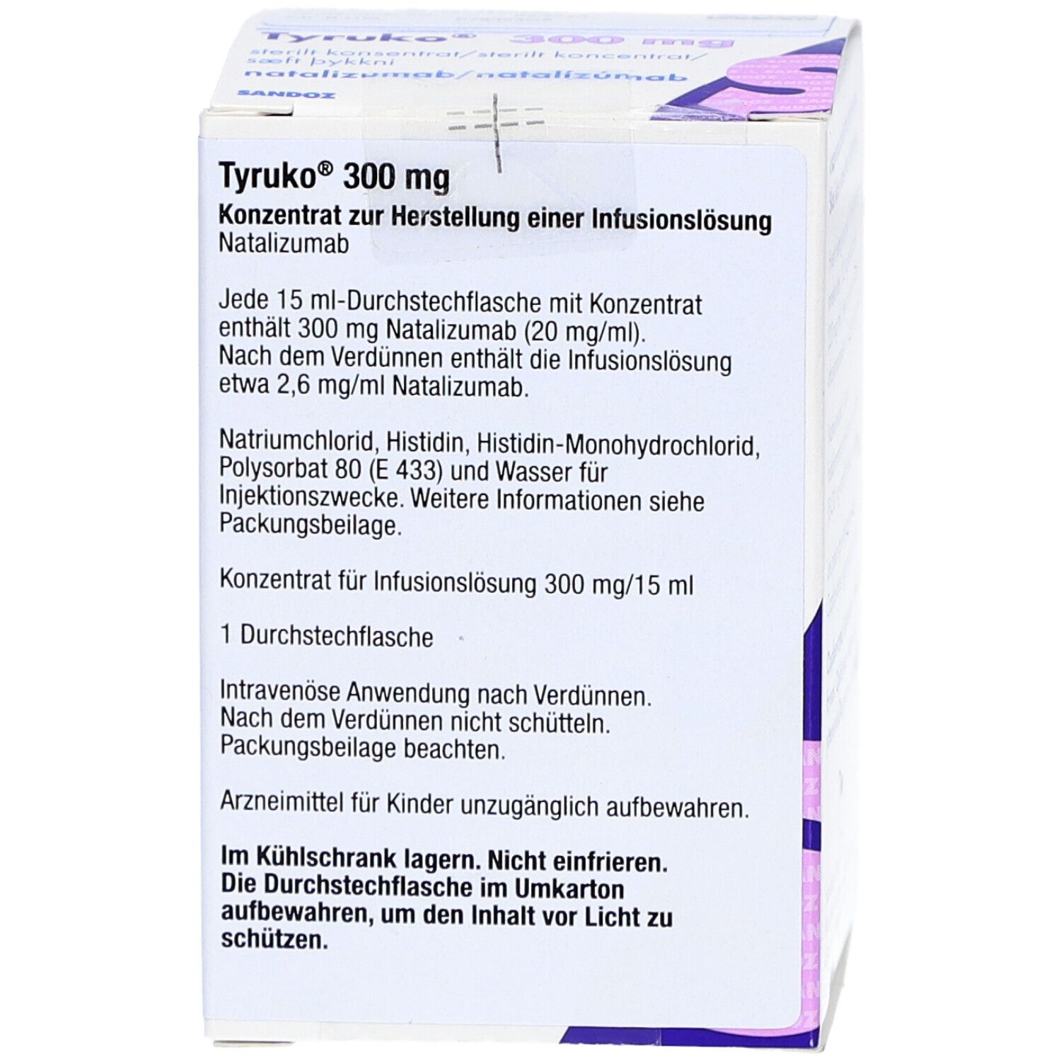 Karton TYRUKO 300 mg. Enthält Informationen zu Inhaltsstoffen und Anwendung. Aufschrift: Konzentrat zur Herstellung einer Infusionslösung.