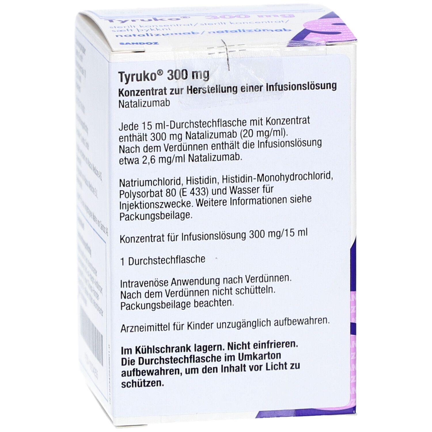 Karton TYRUKO 300 mg. Enthält Informationen zu Inhaltsstoffen und Anwendung. Aufschrift: Konzentrat zur Herstellung einer Infusionslösung.