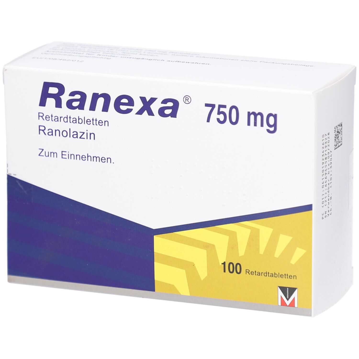 Weiße Schachtel mit blauer und gelber Grafik. Aufschrift: Ranexa 750 mg, Retardtabletten, Ranolazin. 100 Retardtabletten.