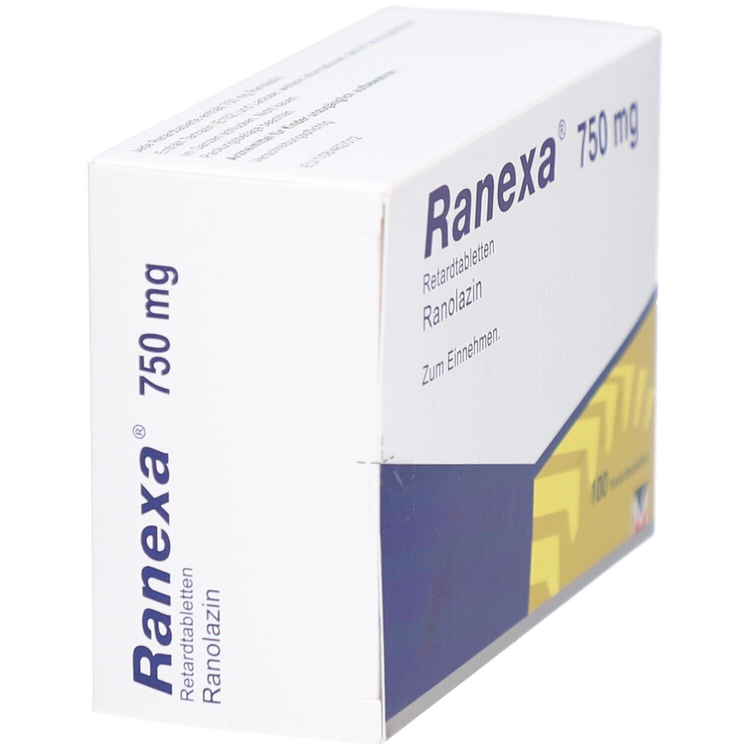Weiße Schachtel, seitliche Ansicht. Aufschrift: Ranexa 750 mg, Retardtabletten, Ranolazin. Teilweise sichtbare gelbe Grafik.