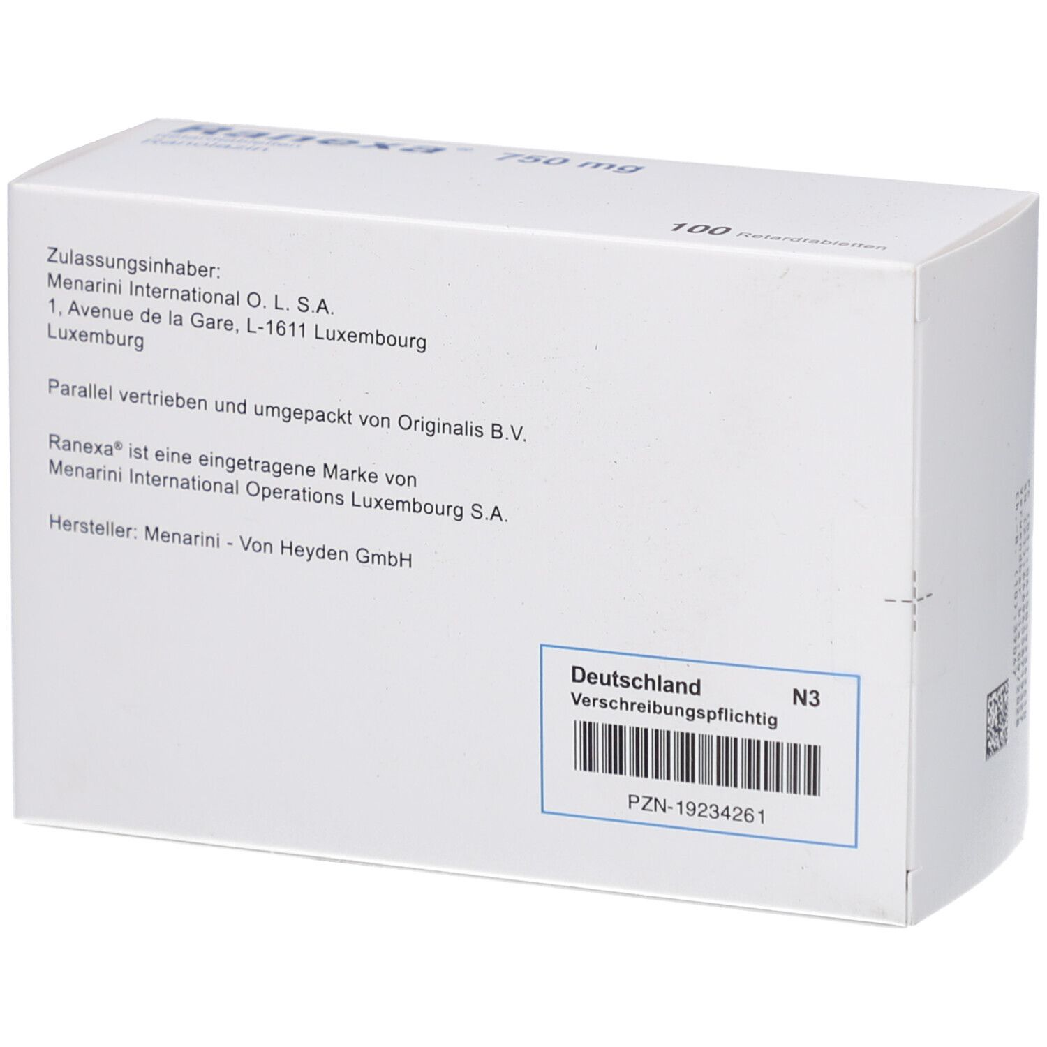Weiße Schachtel, Rückseite. Text: Zulassungsinhaber, Hersteller, Deutschland, Verschreibungspflichtig, PZN-19234261.