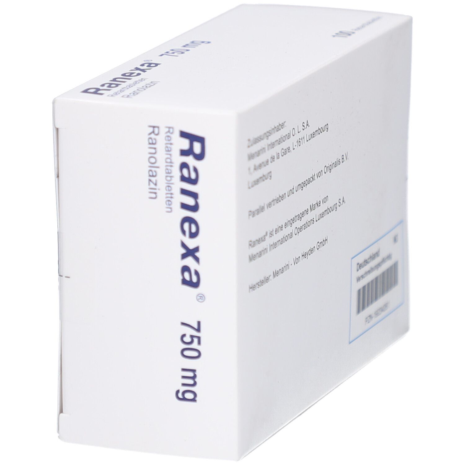 Weiße Schachtel, seitliche Ansicht. Aufschrift: Ranexa 750 mg, Retardtabletten, Ranolazin. Teilweise sichtbare Informationen.