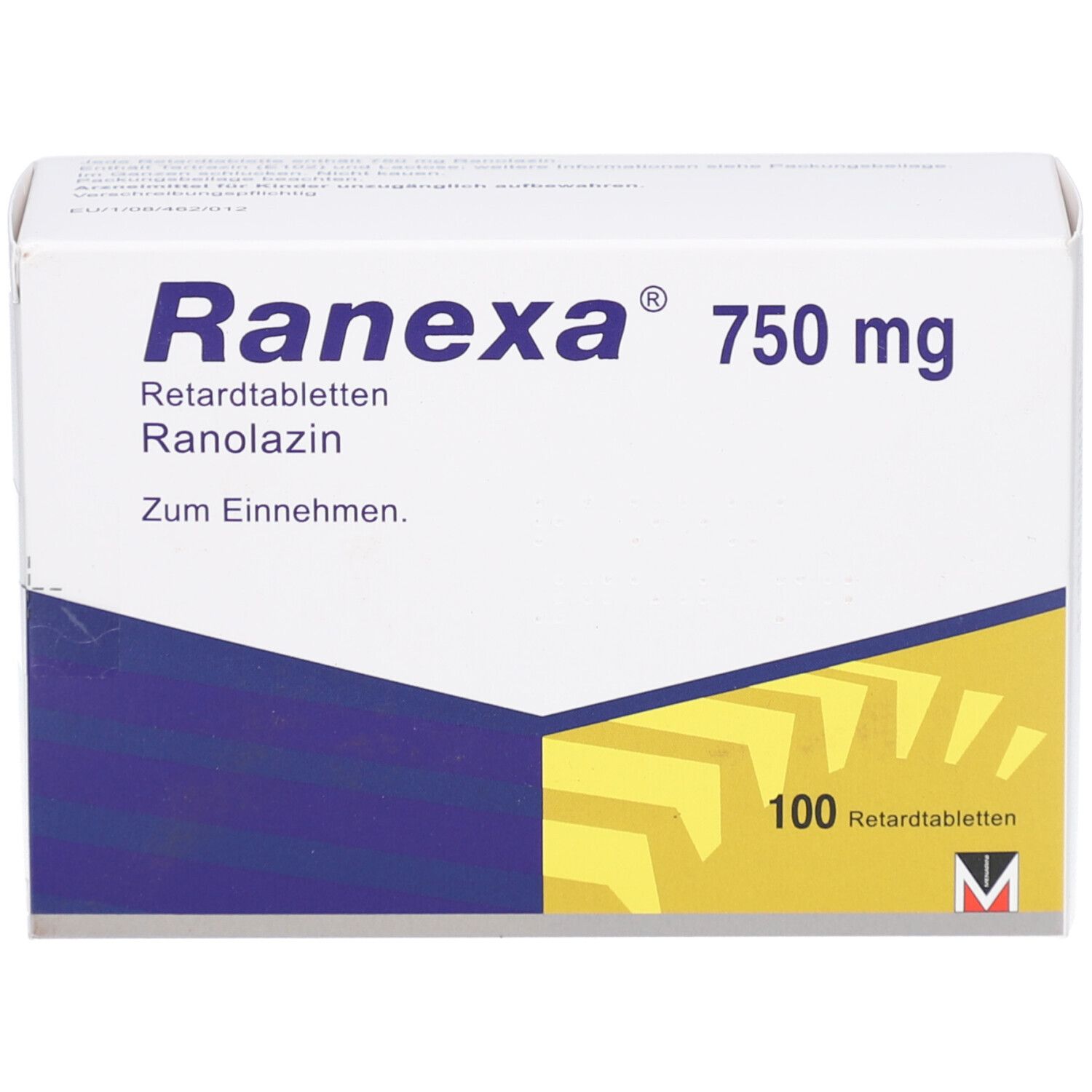 Weiße Schachtel mit blauer und gelber Grafik. Aufschrift: Ranexa 750 mg, Retardtabletten, Ranolazin. 100 Retardtabletten.