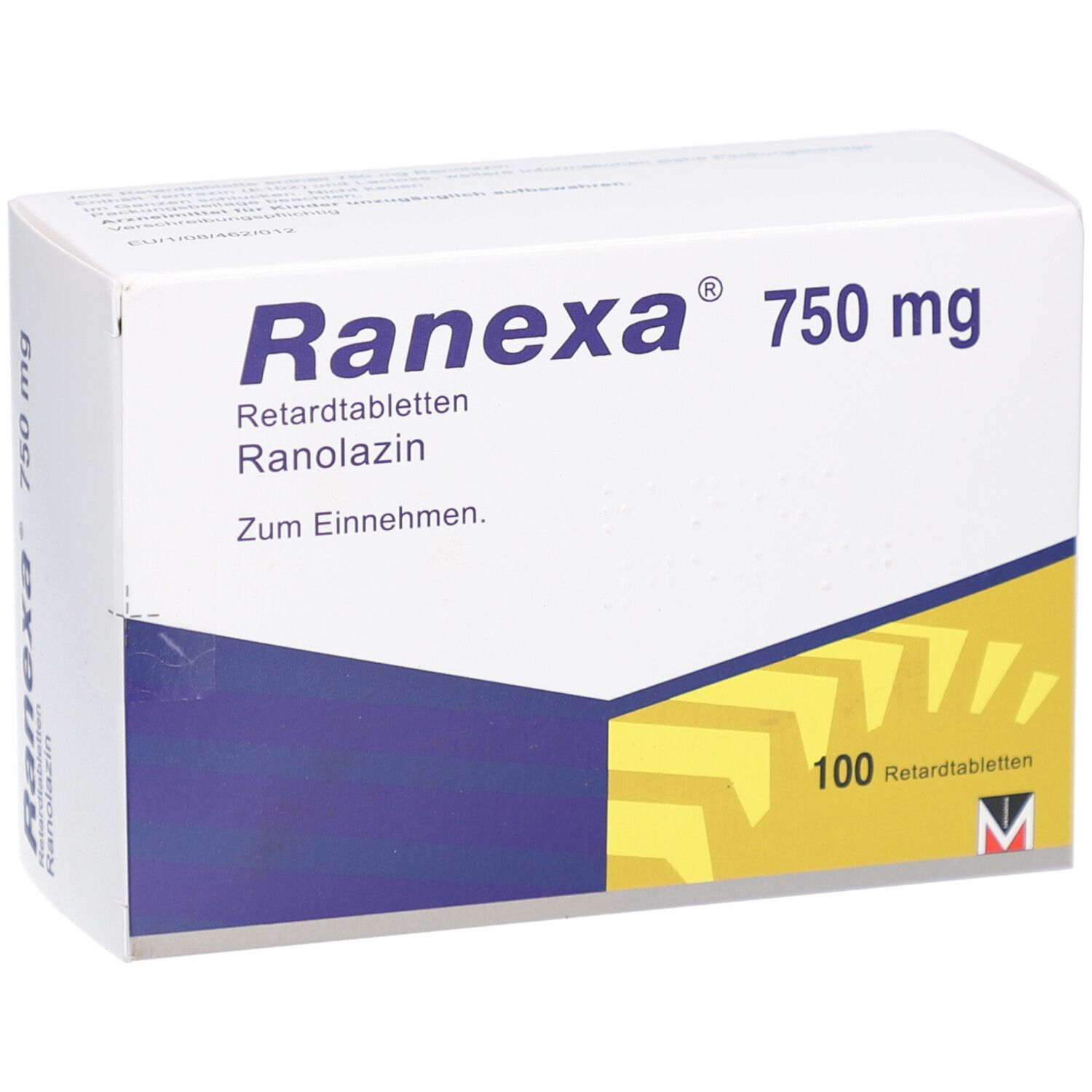 Weiße Schachtel mit blauer und gelber Grafik. Aufschrift: Ranexa 750 mg, Retardtabletten, Ranolazin. 100 Retardtabletten.