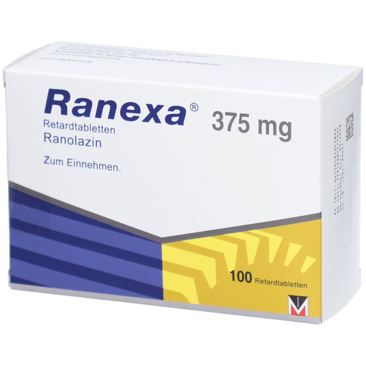Schachtel mit "Ranexa 375 mg Retardtabletten". Blaue und gelbe Designelemente. 100 Tabletten.